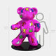 The Gacko Keith Haring Bear Sculpture by Giant Sculptures stands 165cm tall, featuring a vibrant pink bear adorned with colorful abstract figures in Harings pop art style on a black base, towering over a 150cm human silhouette. This is a limited edition piece.