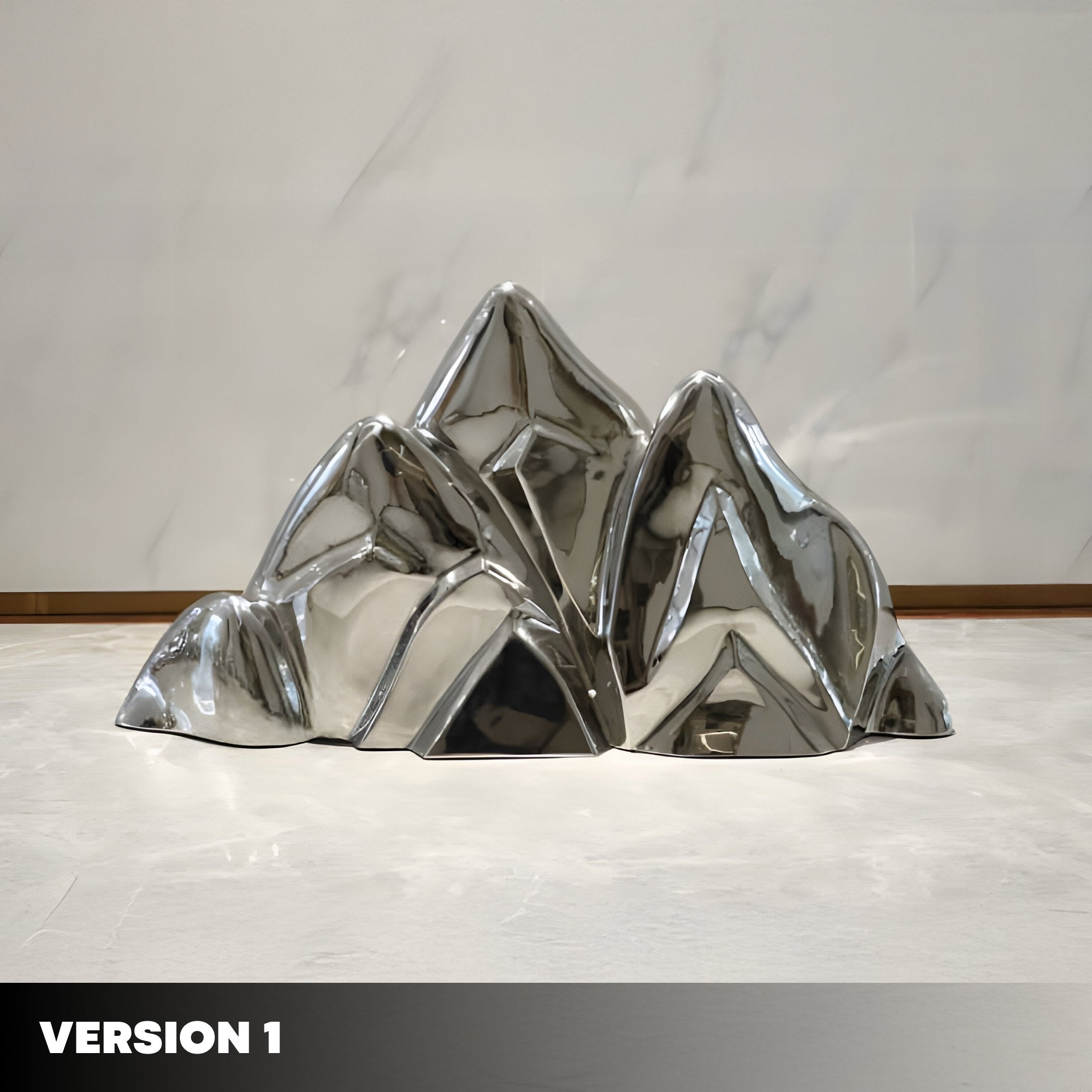 A metallic sculpture, known as the Summit Abstract Steel Mountain Sculpture by Giant Sculptures, mimics abstract mountain peaks on a minimalistic backdrop. Its reflective surface plays with light and shadows elegantly. In the bottom left corner, it reads Version 1.