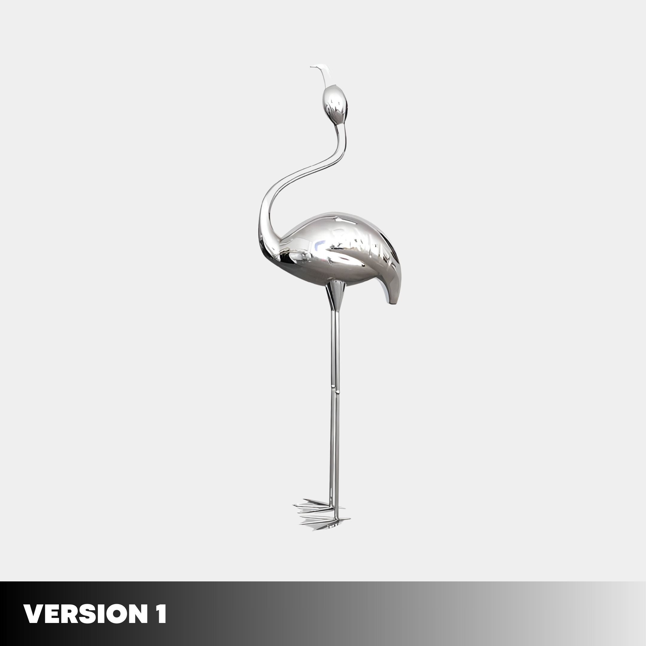 The Flamingo Stainless Steel Outdoor Sculpture by Giant Sculptures, measuring 94/147cm, features a metallic flamingo with long legs and a curved neck against a plain white background. Its shiny and reflective surface adds elegance.