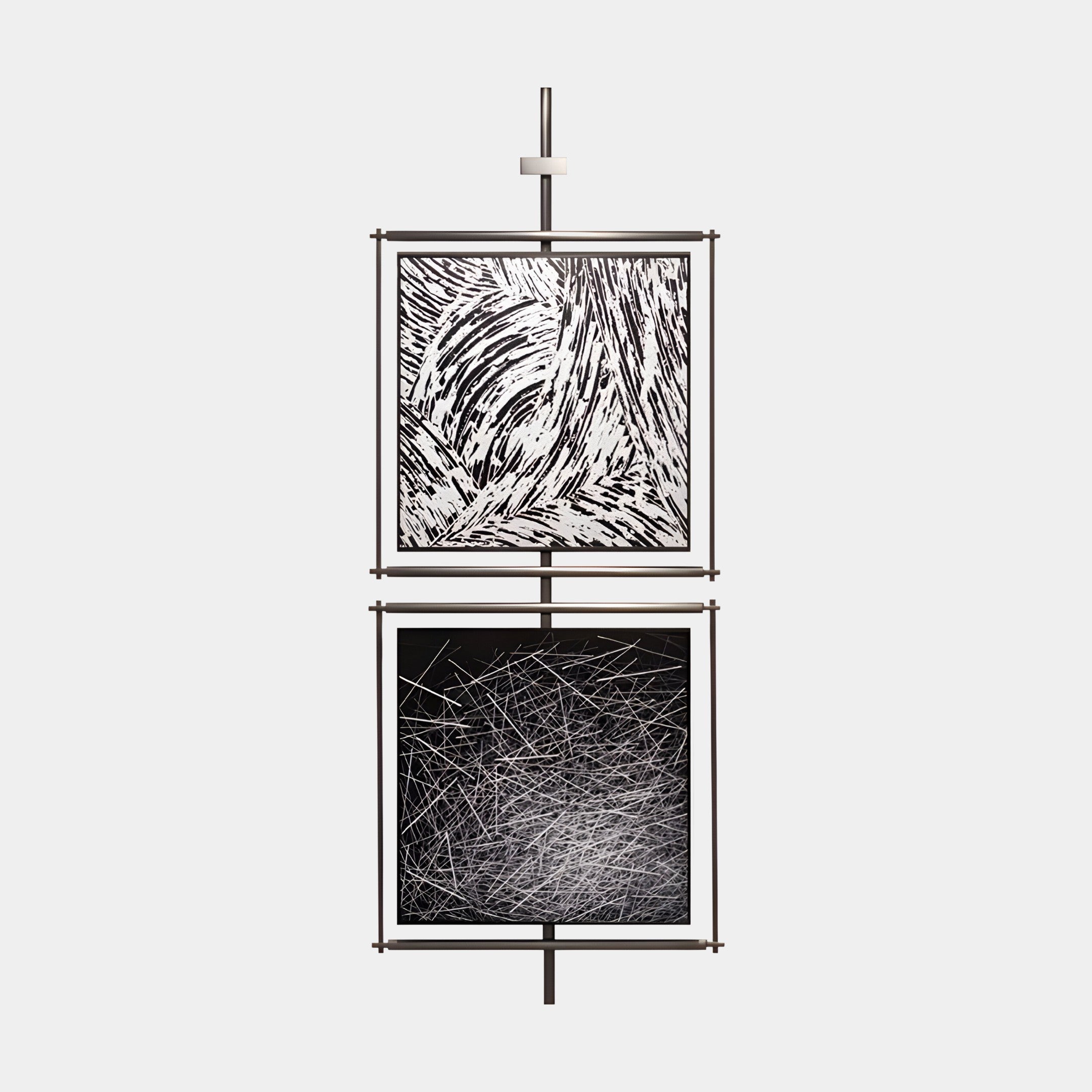 The Vistarte Monochrome Abstract Dual Panel Metal Wall Art by Giant Sculptures features two vertically mounted square pieces on a sleek metallic frame, with swirling black and white patterns on top and chaotic white lines on black below for a striking abstract look.