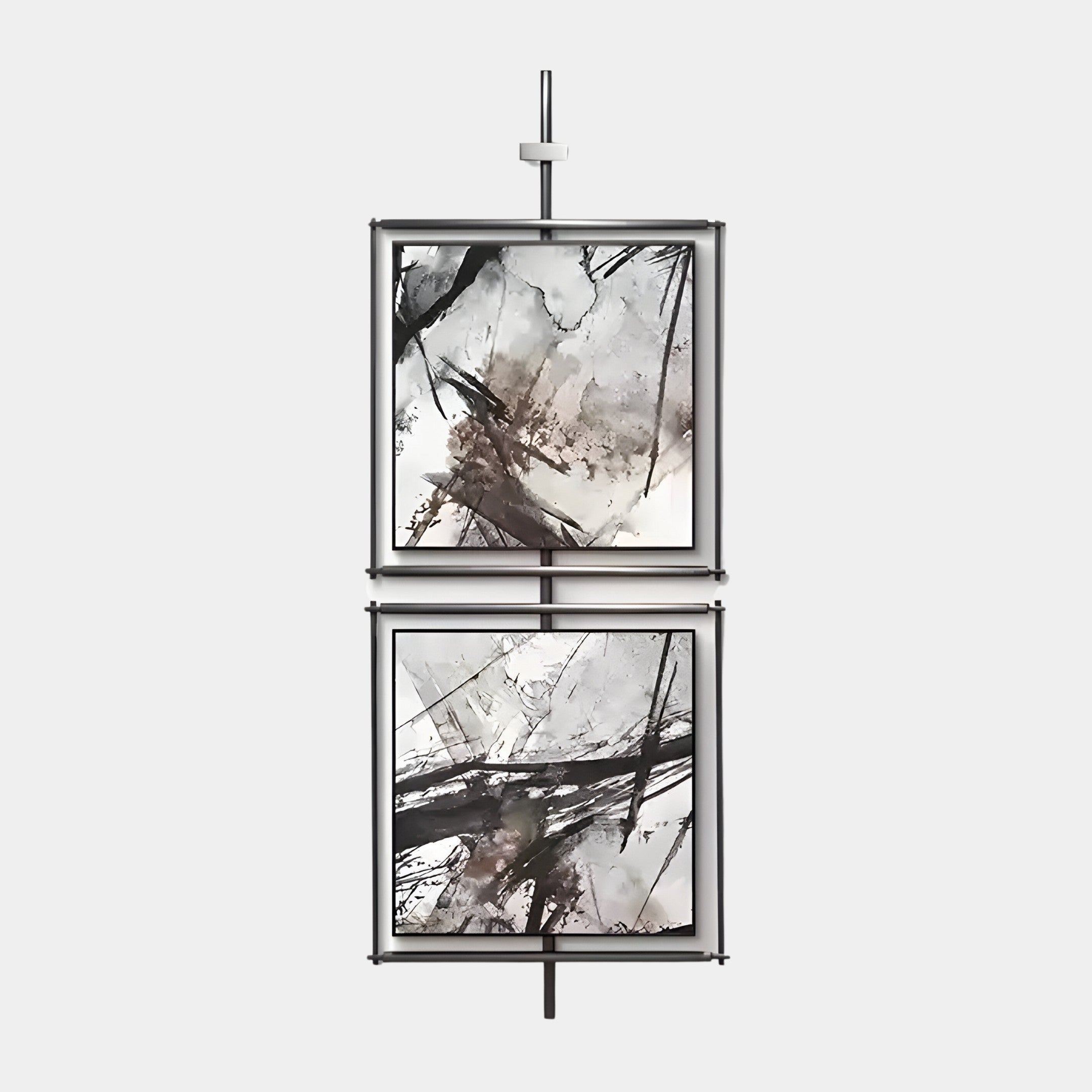 The Vistarte Neutral Abstract Dual Panel Metal Wall Art by Giant Sculptures, featuring earthy-toned black, gray, and beige brushstrokes, is displayed vertically on a minimalist stand against a plain white background.