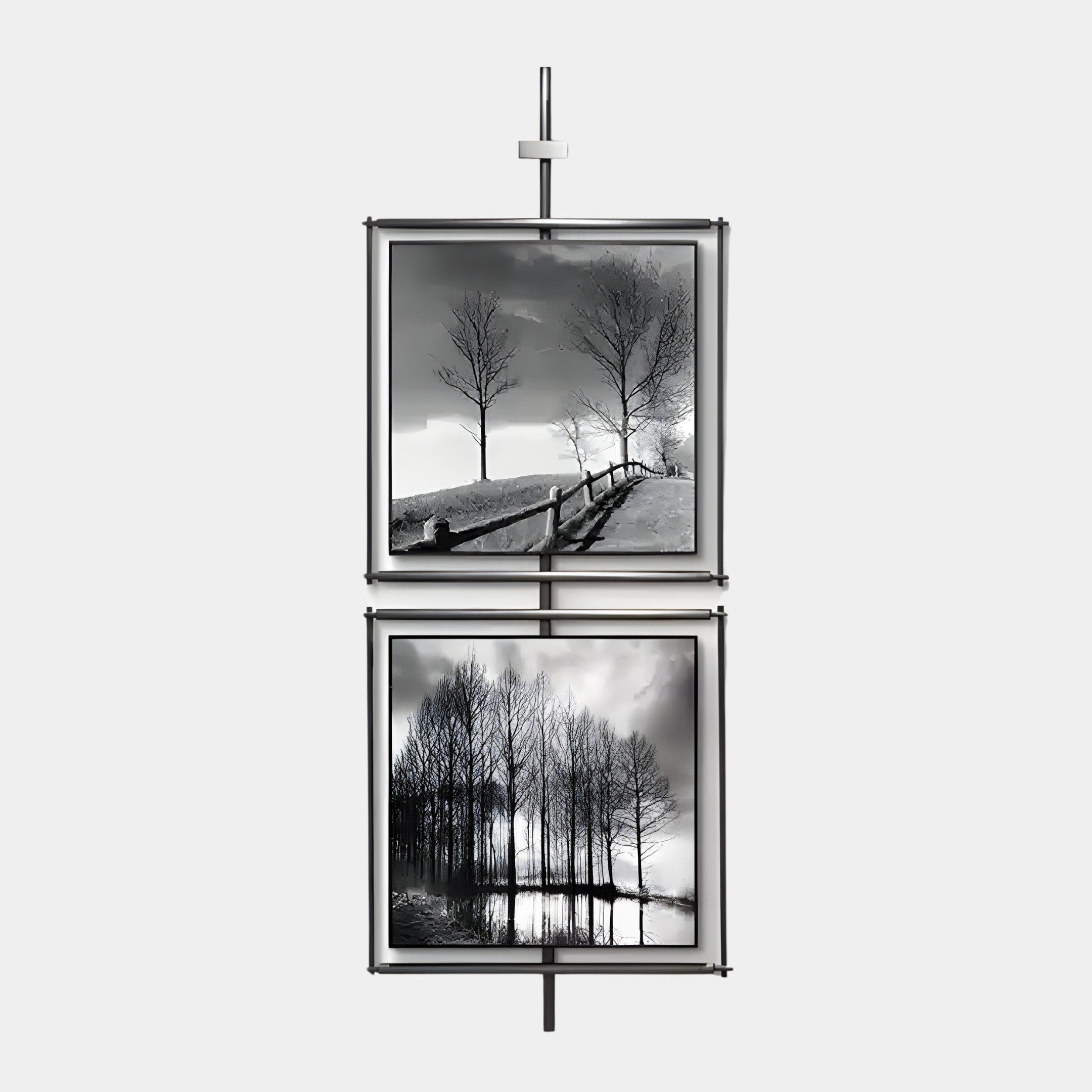 The Vistarte Landscapes Abstract Dual Panel Metal Wall Art by Giant Sculptures features two black and white photos on a vertical rod: trees along a road and their reflection in water. This minimalist clamp-bound piece exemplifies modern interior decor.