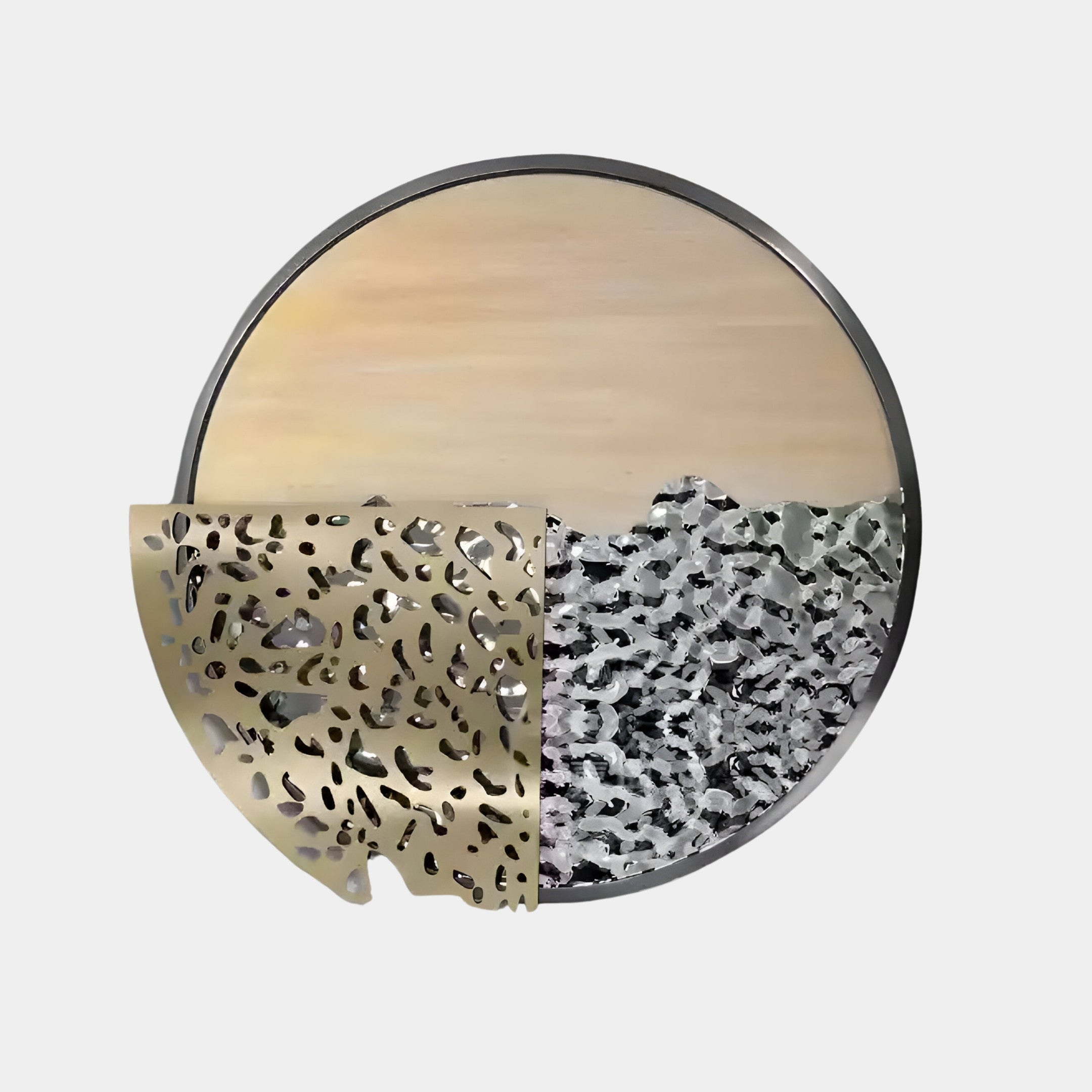 The Aurelio Bottom-Right Metallic Layered Textured Round Wall Art by Giant Sculptures is an artistic masterpiece, with one side displaying a gold and silver leopard pattern and the other showcasing a black and white abstract design against a soft beige gradient background.