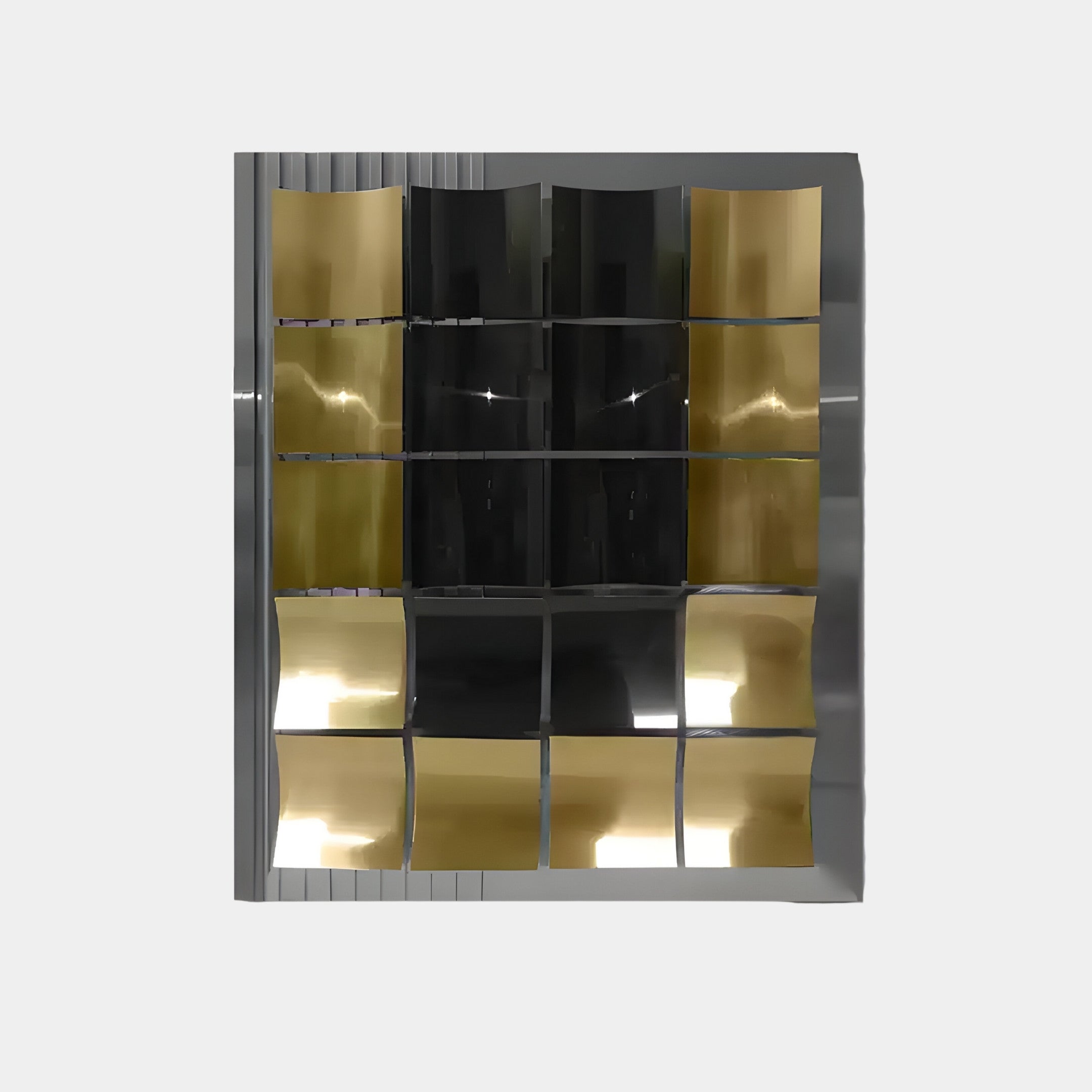 The Onda Black & Gold Rippled Geometric Metal 3D Wall Art by Giant Sculptures features reflective gold and black panels in a geometric, slightly curved design, forming a wave-like effect. Its ideal for contemporary interiors.