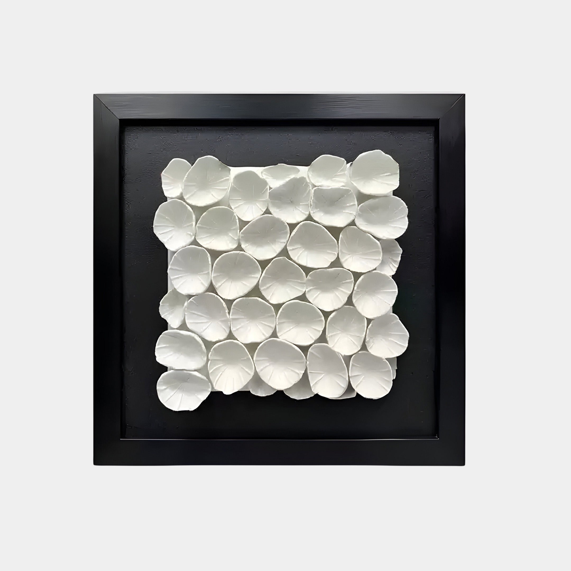 A framed white 3D wall art piece featuring sculpted circular shapes resembling delicate flower petals arranged in a grid pattern against a black background.