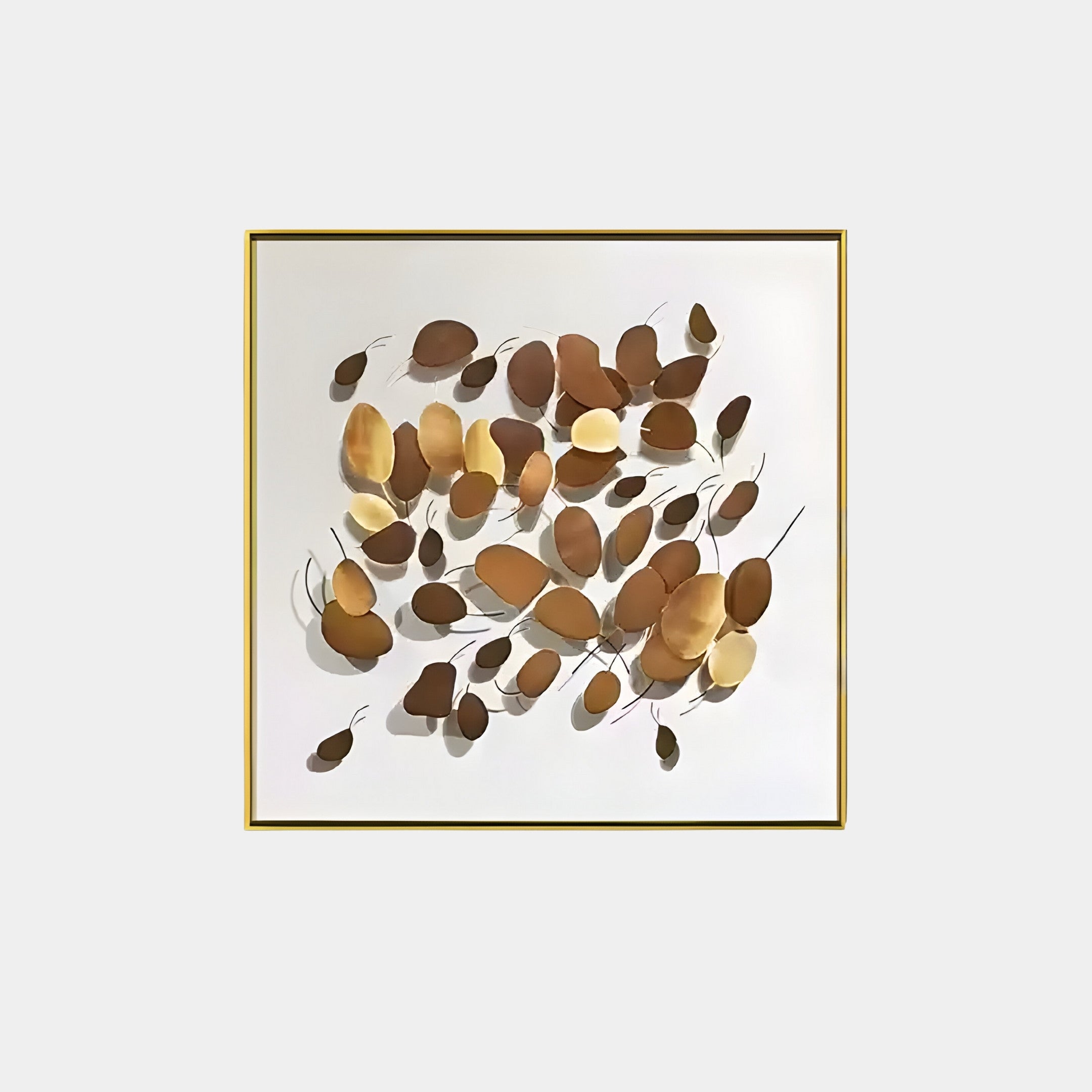 The Brassica Gold Leaf Metal Square Wall Art by Giant Sculptures features an abstract design of golden and brown metallic ovals on a white background. Its framed with a thin gold border, embodying contemporary luxury.