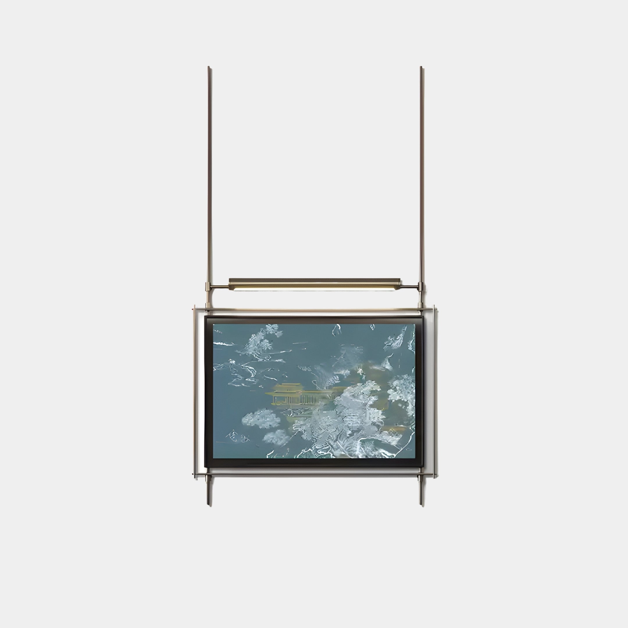 The Celestique Golden Pavilion Framed Long Hanging LED Wall Art by Giant Sculptures features a modern display of digital artwork, elegantly framed and suspended on thin vertical rods, resembling an abstract map in blue, white, and green hues.