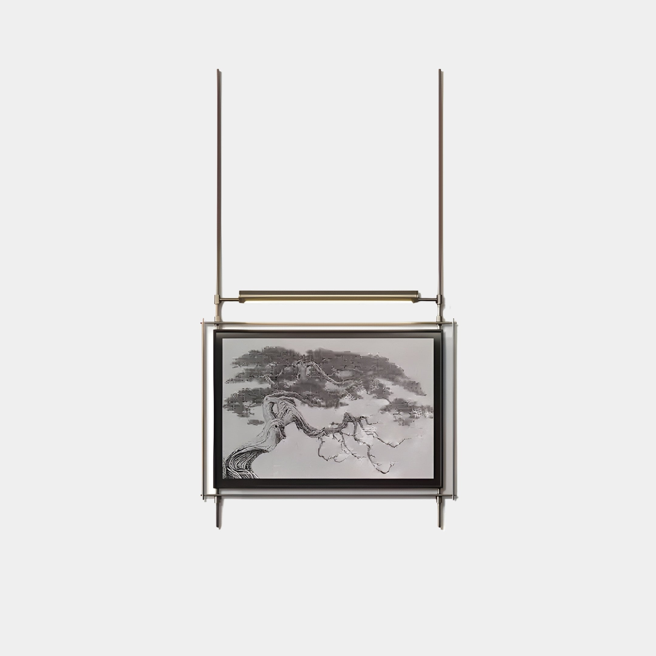 The Celestique Ancient Bonsai Framed Long Hanging LED Wall Art by Giant Sculptures features a sleek, modern design with a black and white bonsai tree illustration framed in stainless steel, suspended by rods against a plain white background.