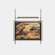 The Celestique Vintage Pavilion Bliss Framed LED Wall Art by Giant Sculptures features a traditional Asian painting of a serene landscape with buildings, people, a bridge, and blooming trees against a muted background, elegantly suspended in a stainless steel frame.