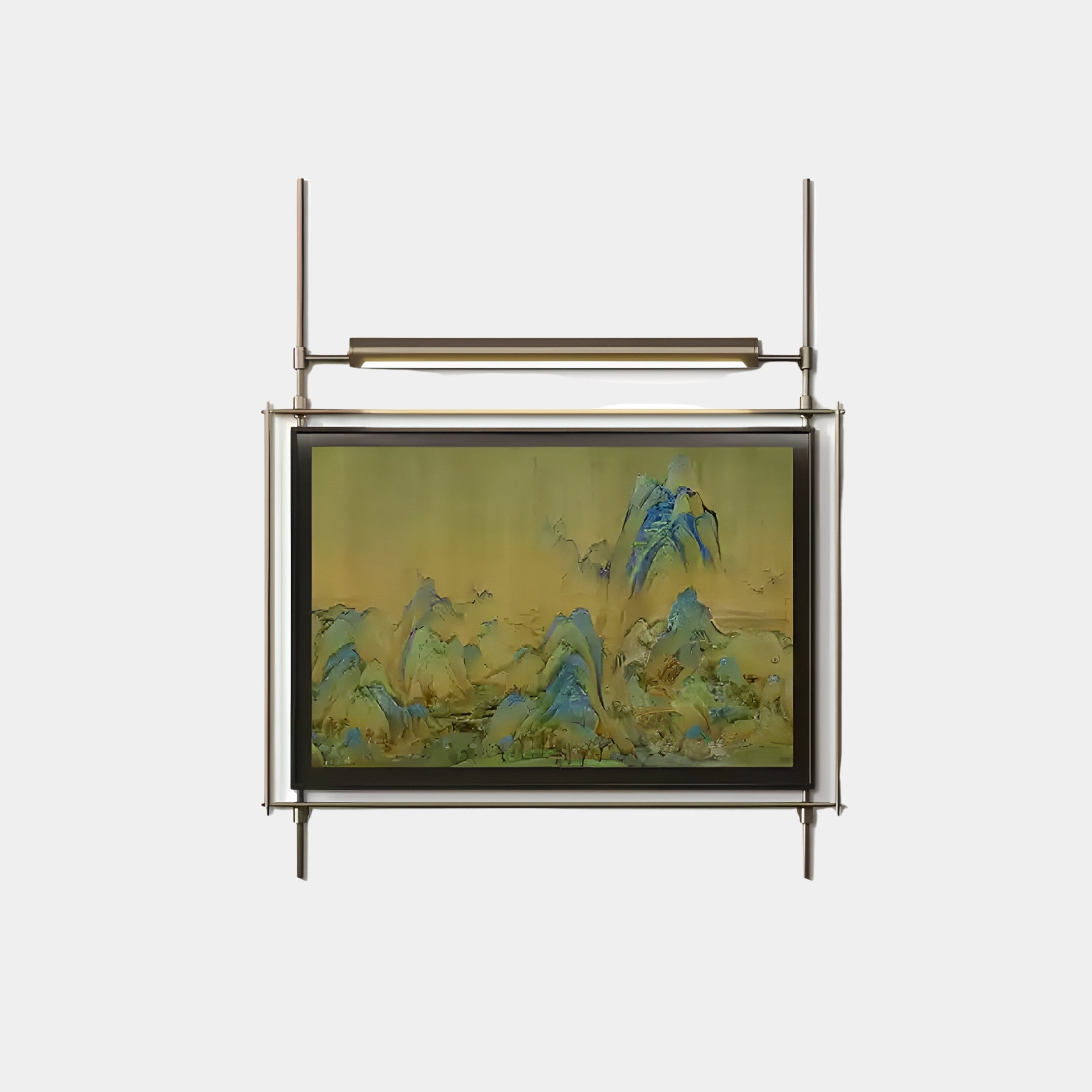 The Celestique Misty Horizons Framed LED Wall Art by Giant Sculptures features a modern TV mounted within a minimalist metal frame, showcasing abstract green and blue mountain-like art against a neutral backdrop.