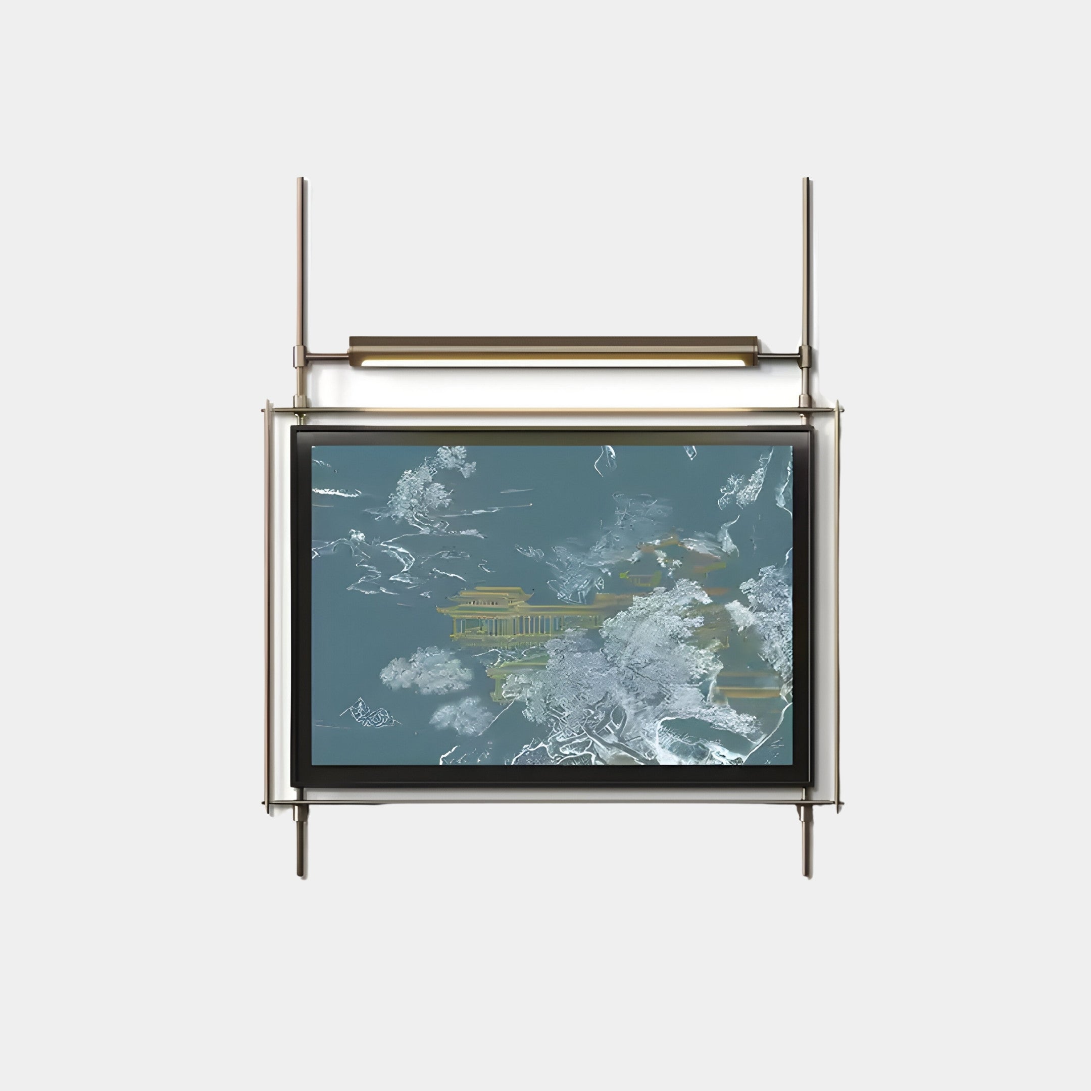 The Celestique Golden Pavilion Framed LED Wall Art by Giant Sculptures features a decorative screen with an abstract design of a Golden Pavilion and clouds on a blue backdrop, framed by a sleek stainless steel structure.