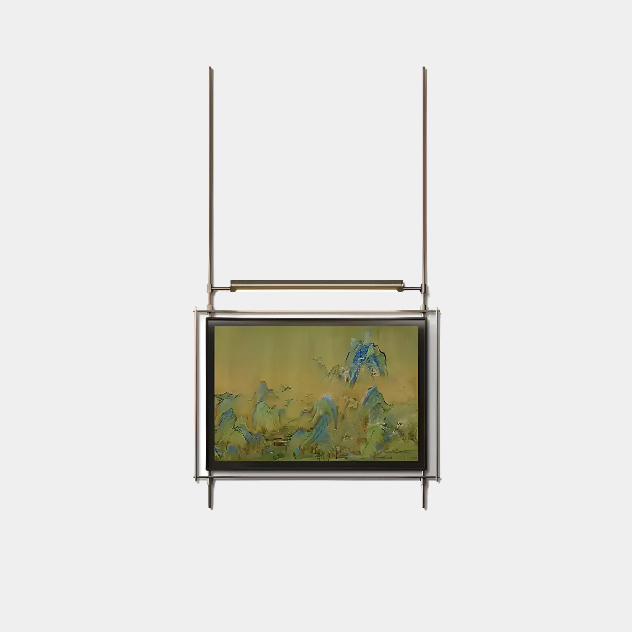 In a gallery setting, the Celestique Misty Horizons Framed Long Hanging LED Wall Art by Giant Sculptures elegantly features abstract blue cranes against a soft green and yellow background, framed in stainless steel for a modern allure.