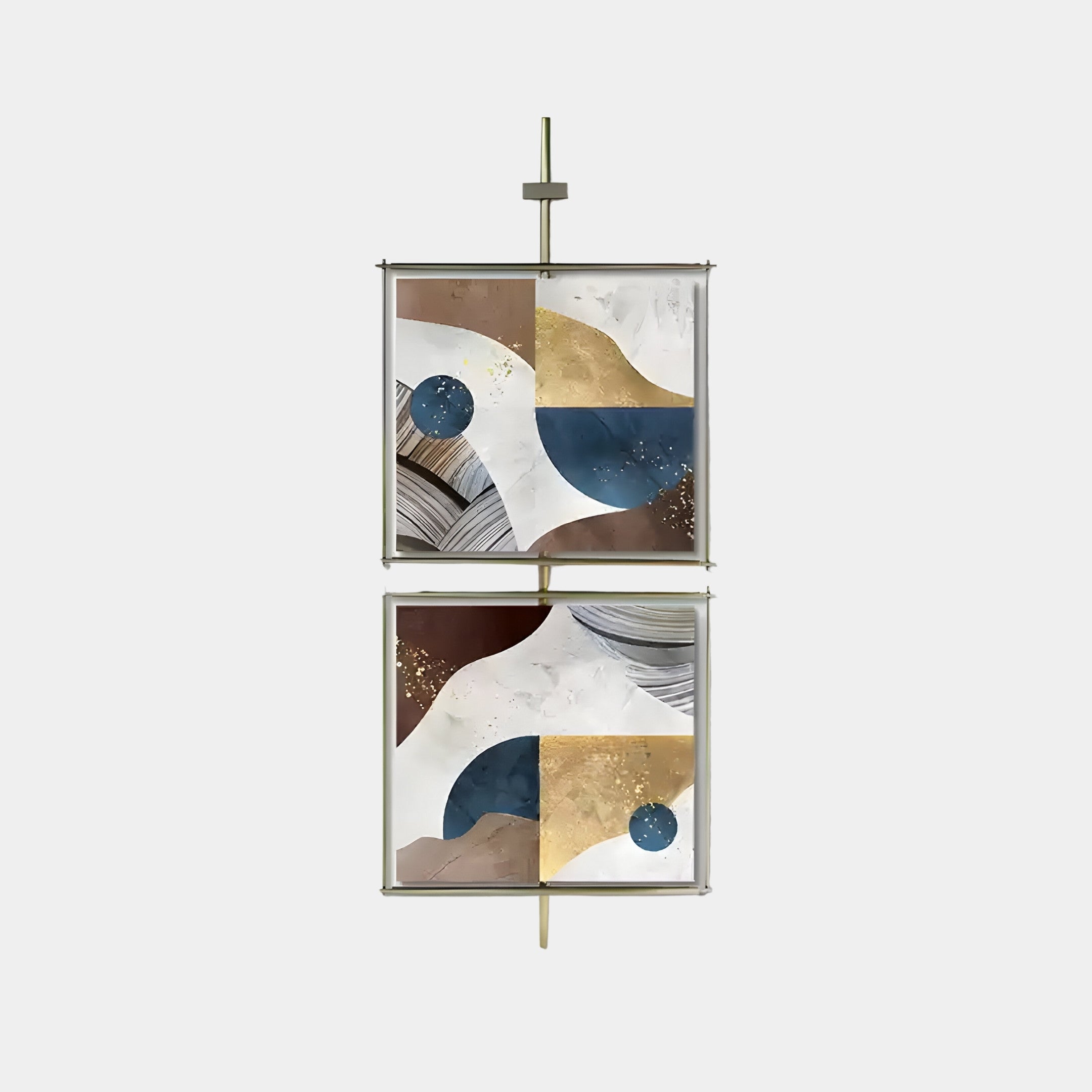 Giant Sculptures Vortice Abstract Geometry Dual Panel Wall Art features two stacked square panels with abstract blue, white, gold, and brown geometric designs highlighted by wavy and circular patterns. Mounted on a vertical metal bar against a light gray backdrop, it exudes geometric elegance.