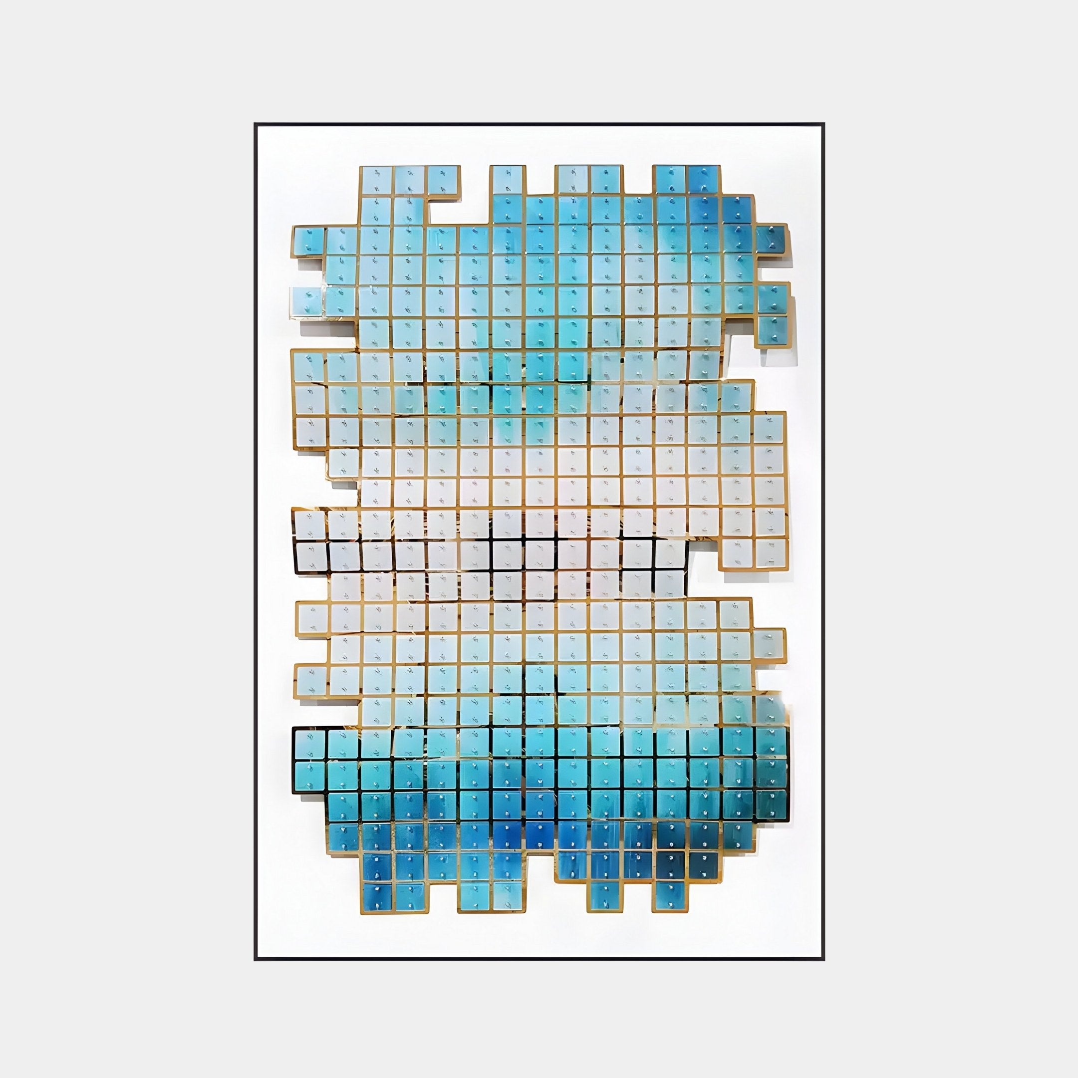 The Lumora Aqua Mosaic 3D Wall Art by Giant Sculptures is ideal for contemporary interiors, displaying small square tiles in blue and white. Its reflective mosaic design forms a pixelated abstract pattern on a pristine white background.