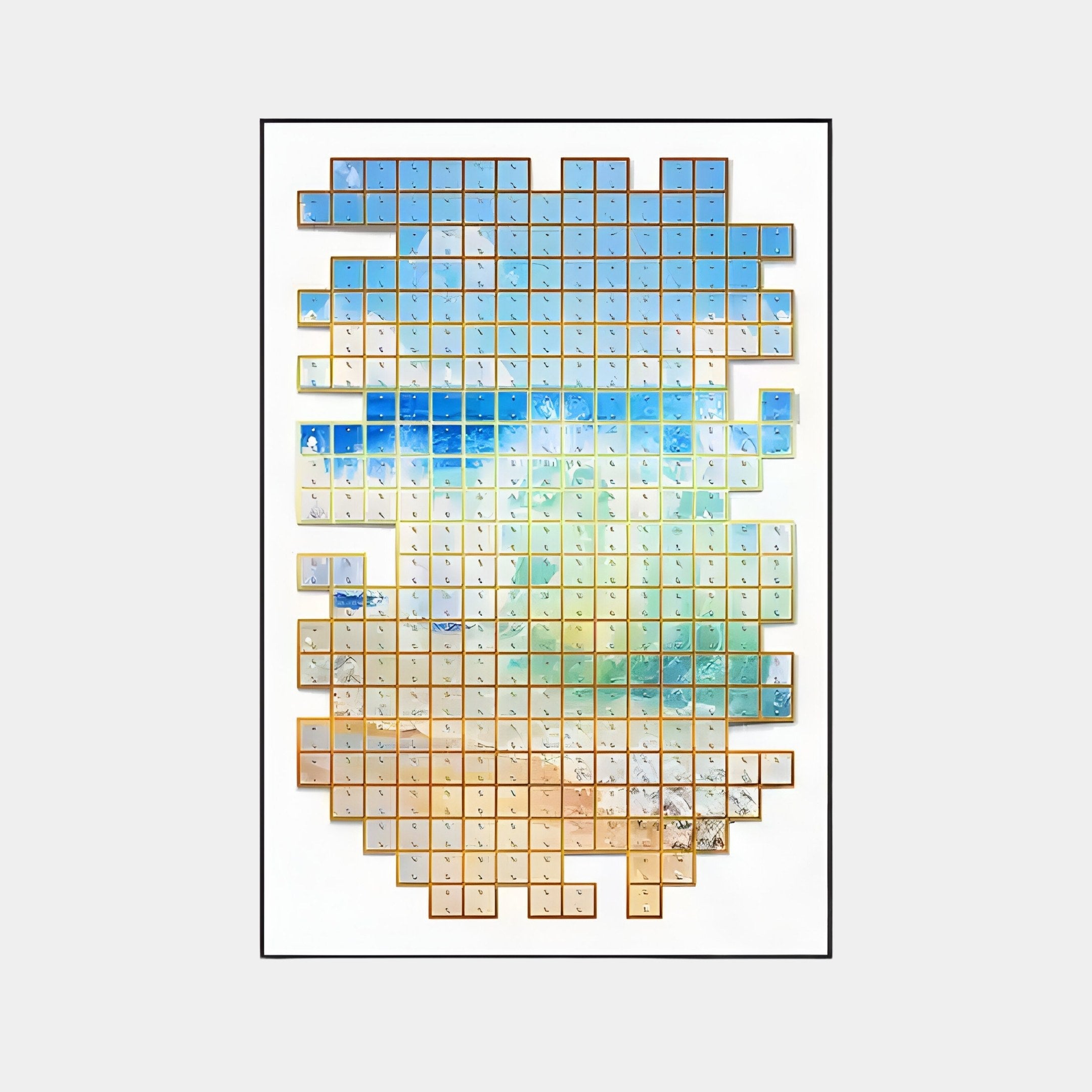 The Lumora Coastal Glow Mosaic 3D Wall Art by Giant Sculptures depicts a beach scene with square tiles forming a bottle shape. It features a blue sky, sandy beach, and palm trees, offering an enchanting coastal horizon view.