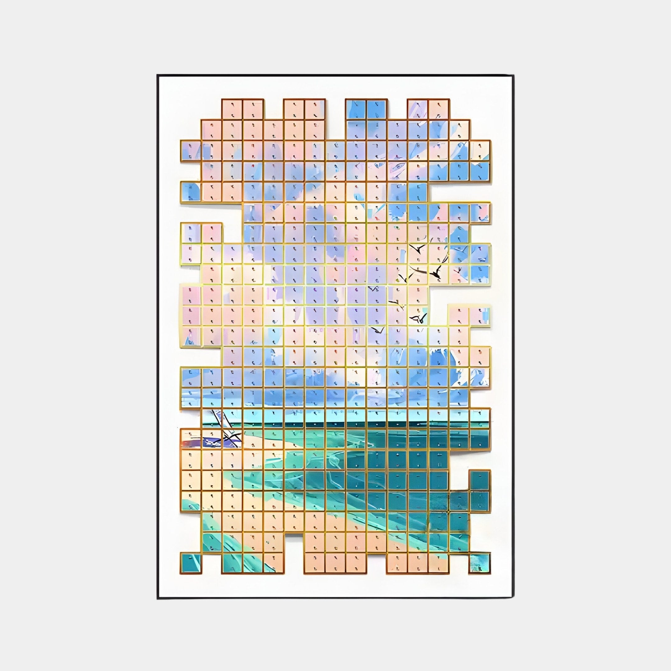 The Lumora Sunset Breeze Mosaic 3D Wall Art by Giant Sculptures showcases an abstract grid design with colorful ocean and sky imagery. It captures the essence of Coastal Serenity with a beach, sea, and clouds in pixelated square tiles of varying colors and shades.