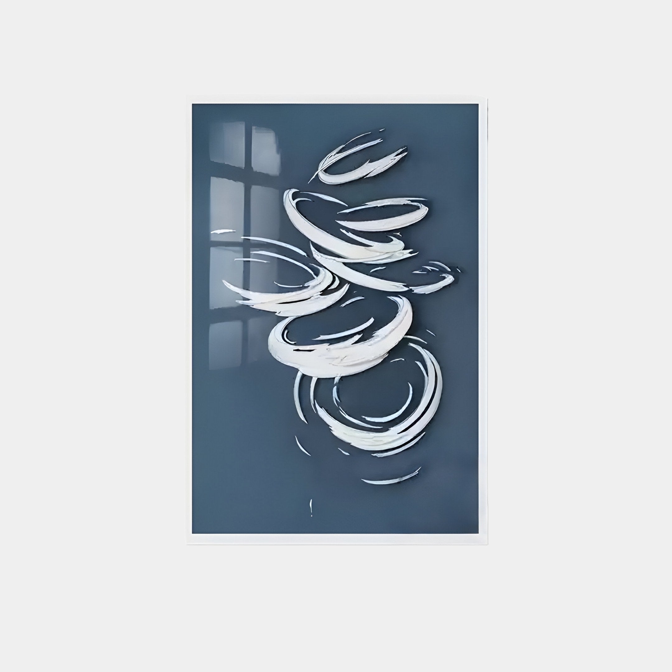 The Zephyr Azure Swirl Abstract Metal Wall Art by Giant Sculptures features swirling white lines on a dark blue background, reminiscent of a vortex. This modern design includes a window reflection with a subtle grid pattern in the top left corner.