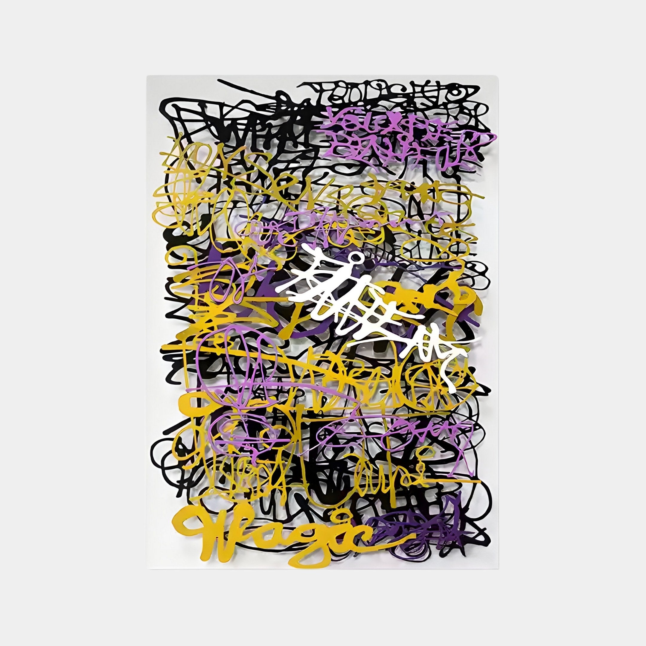 The Scriptura II Multicolour Graffiti Expression Metal Wall Art by Giant Sculptures showcases an intricate design with overlapping graffiti-style calligraphy in black, purple, yellow, and white on a white background, perfect for adding modern abstract flair to any contemporary space.