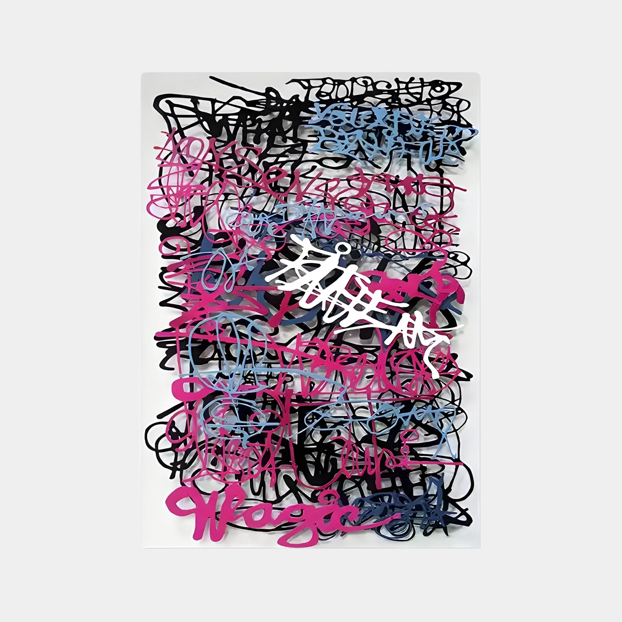 Scriptura III Multicolour Graffiti Expression Metal Wall Art by Giant Sculptures features layers of tangled lines in black, pink, blue, and white. This contemporary piece adds chaotic sophistication to any space with its urban-inspired design.