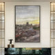 The Vista Sunset Urban Landscape Carving Wall Art by Giant Sculptures hangs, showcasing architectural elegance with city buildings and a pagoda. Built-in shelves beneath hold decorative items and feature a small statue.