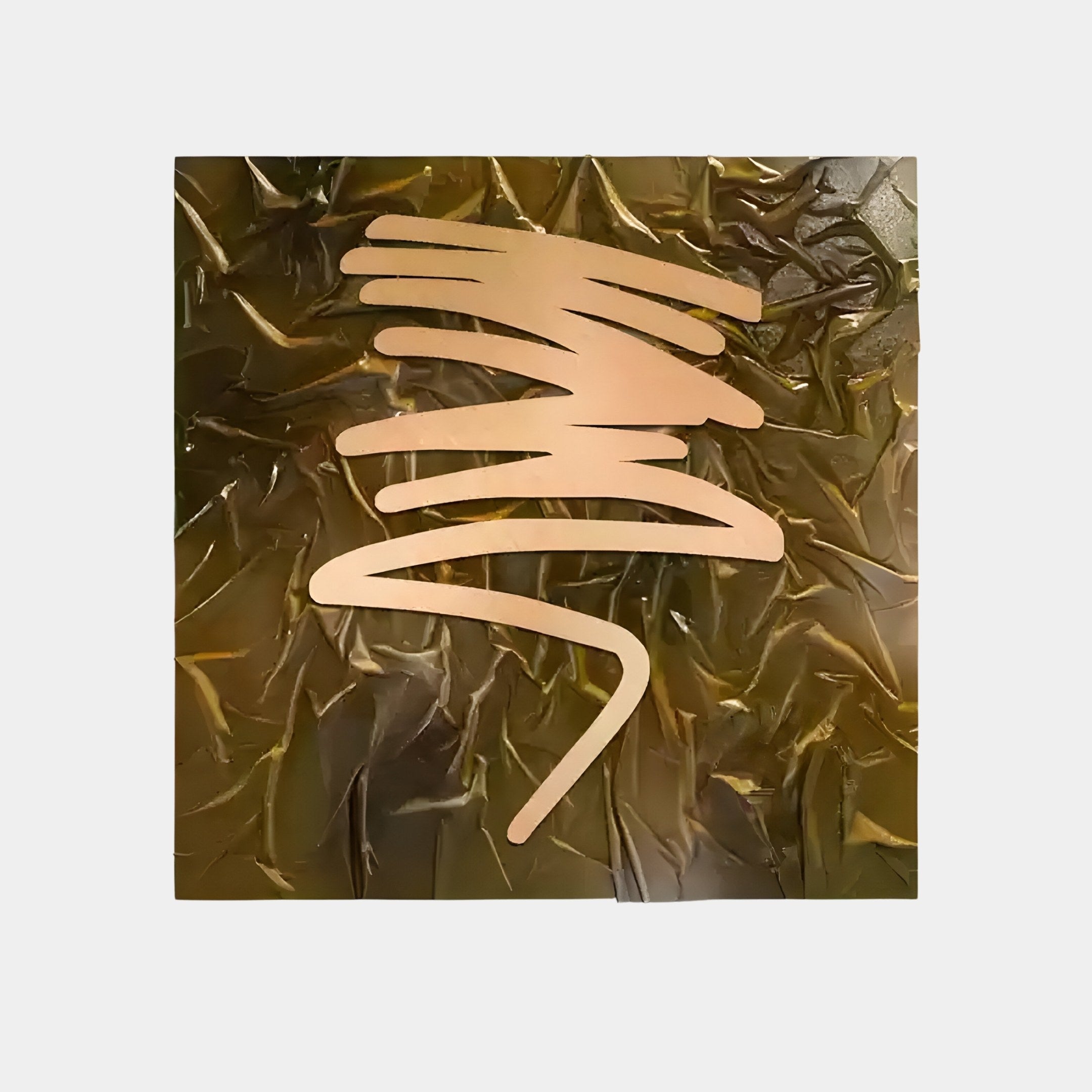 The Plisse Golden Ochre Textured Abstract Wall Art by Giant Sculptures showcases modern craftsmanship with wavy, overlapping layers on a crinkled, reflective gold surface set against a light gray background.