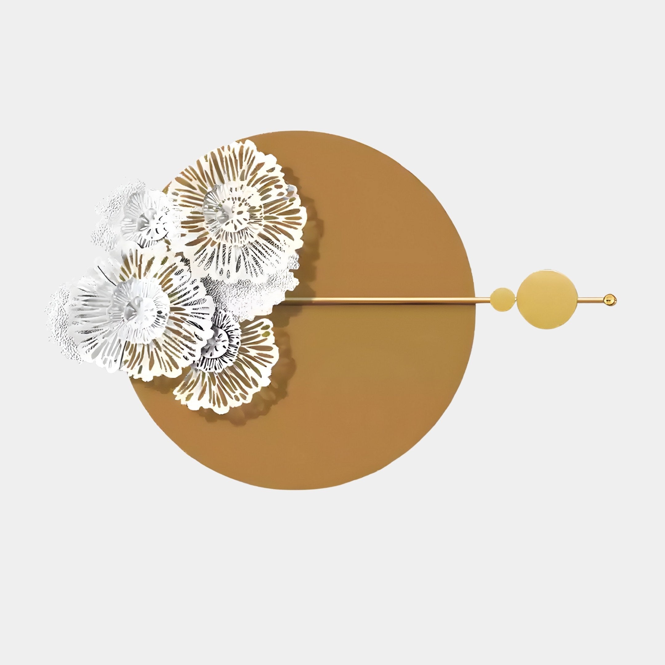 The Blossom Halo Golden Bloom by Giant Sculptures is a modern floral wall art with a metallic gold circle and delicate white paper-cut flowers on the left, complemented by a slim gold rod with a small circle across the center. The white background enhances its elegant detail.