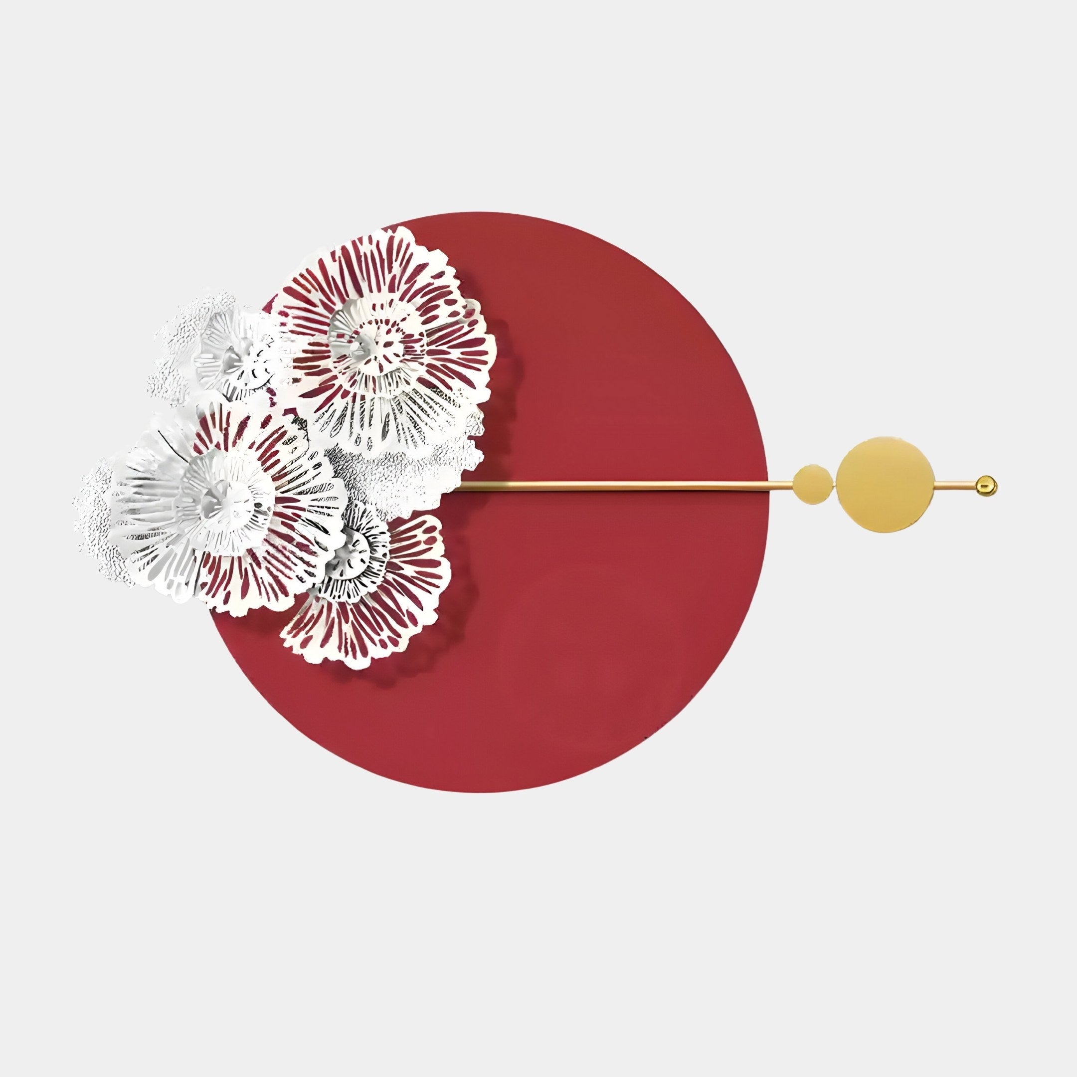 Blossom Halo Red Round Floral Decorative Wall Art by Giant Sculptures is an elegant piece featuring a large red circle with delicate white floral patterns on the left, intersected by a thin golden rod with small circular ends, set against a light gray background.