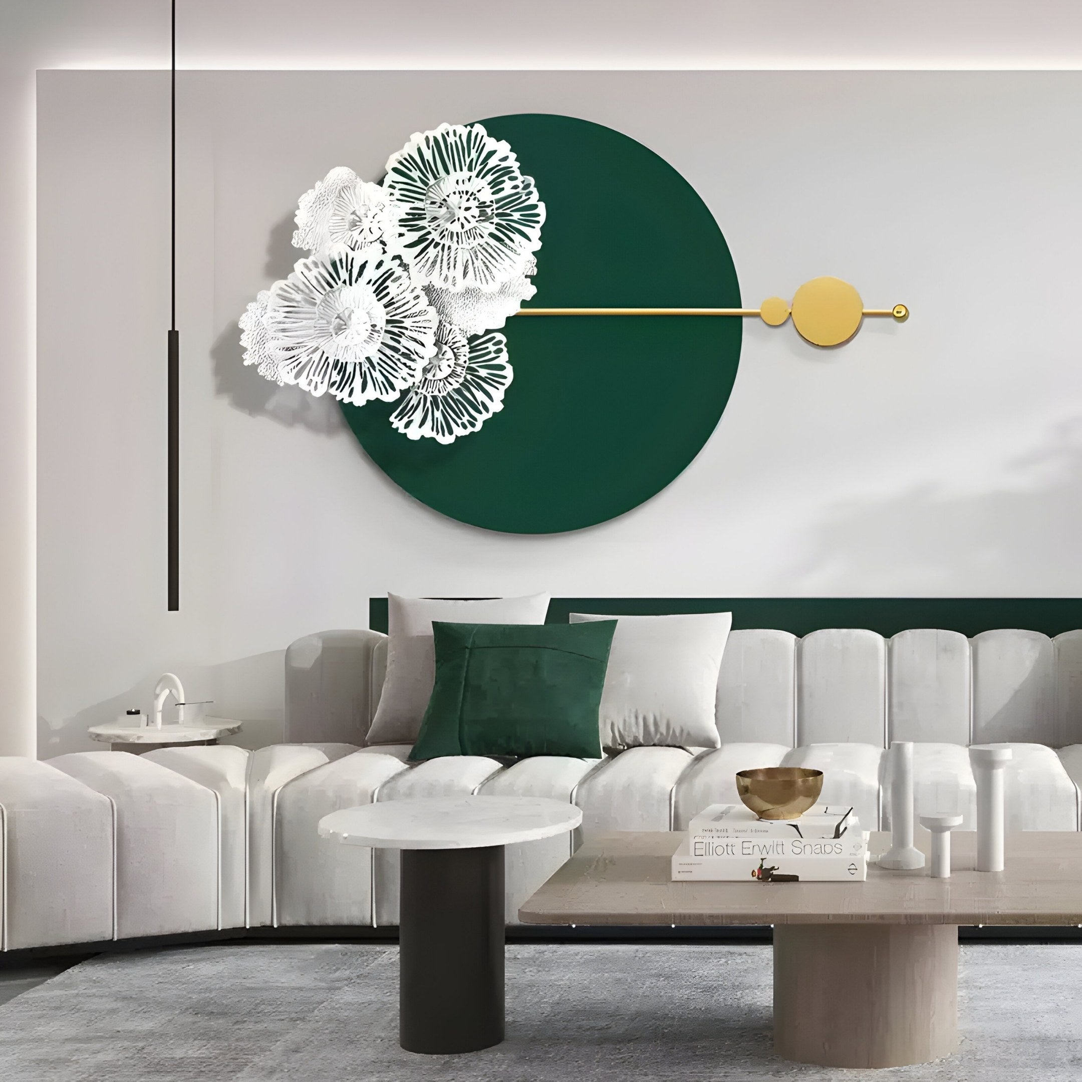 A modern living room showcases a gray sofa with green and white cushions, accented by forest green tones. Two round tables sit below the Blossom Halo Forest Green Round Floral Decorative Wall Art by Giant Sculptures. The minimalist décor features neutral tones for a serene ambiance.