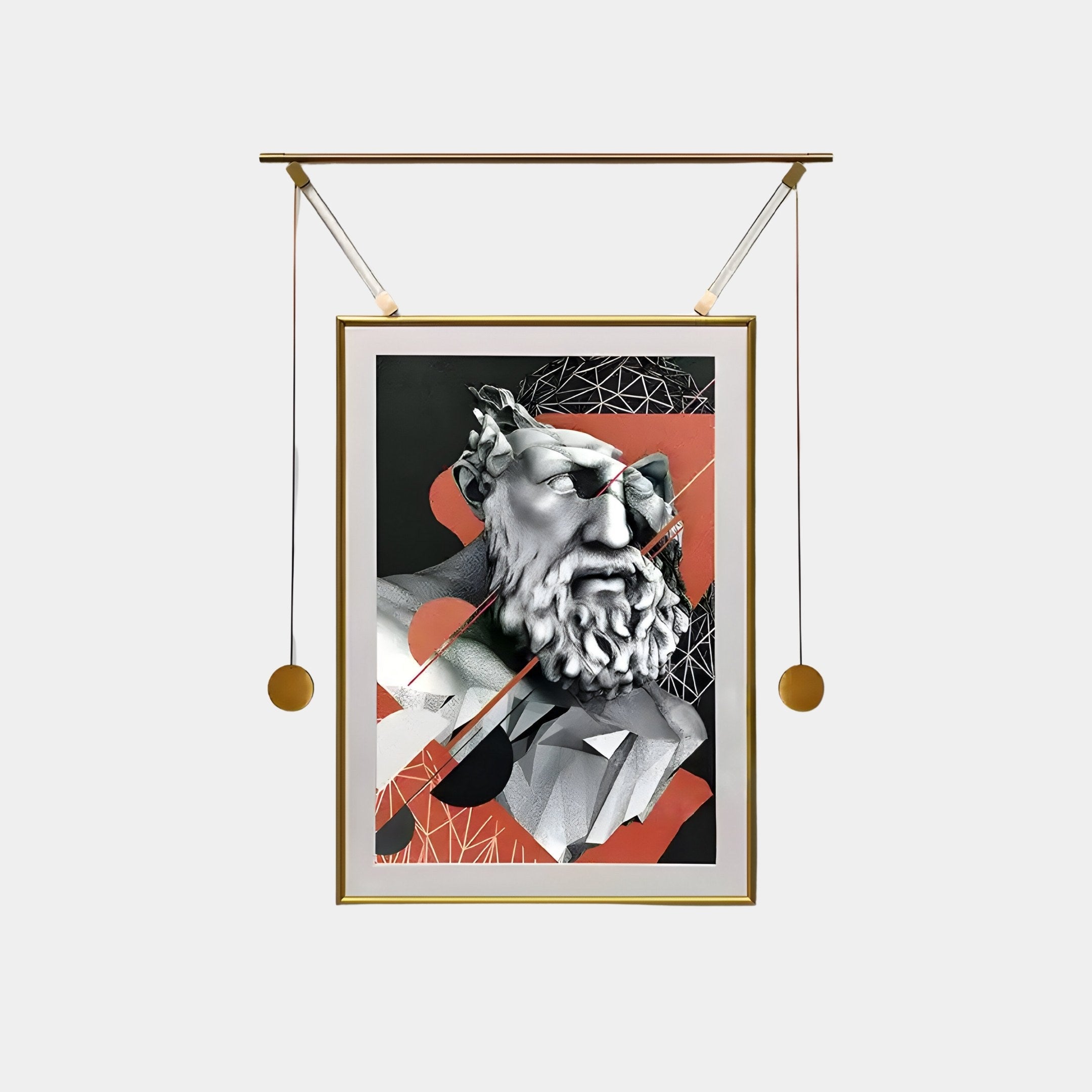 The Eterna Classics Renaissance Portrait by Giant Sculptures showcases a classical bust of a bearded man against an abstract orange, black, and white background. Elegantly framed in gold with a unique hanging mechanism, it blends modern and classic art seamlessly.