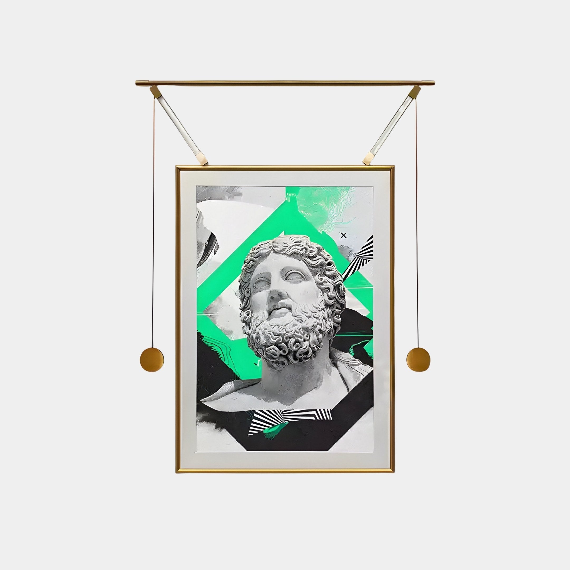 The Eterna Classics Zeus Replica Portrait by Giant Sculptures features a portrait with curly hair and a beard, abstract green and black geometric shapes as the background, and is elegantly displayed in a golden frame with a minimalistic suspension system and two spherical weights.