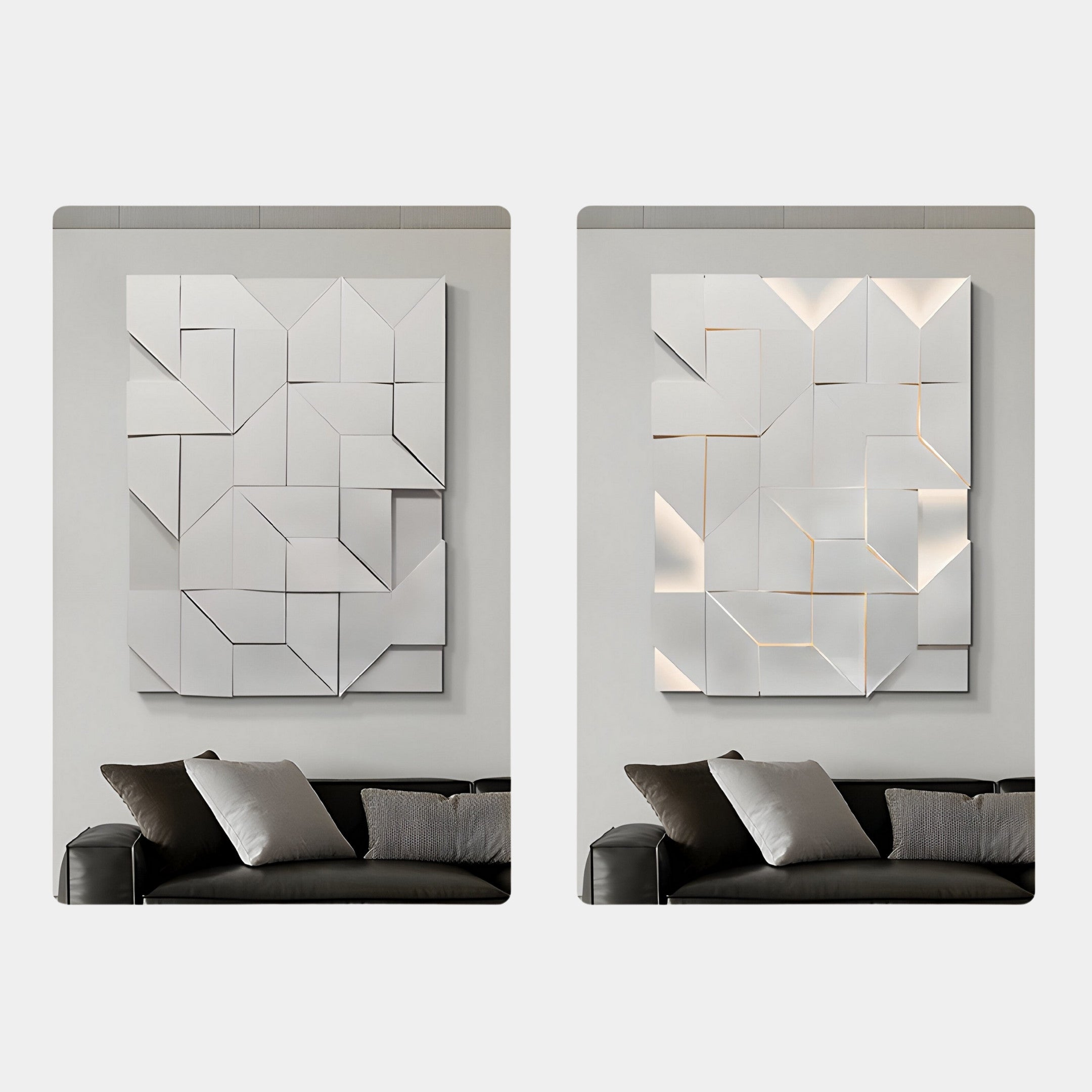 The Prisma White Geometric Panel 3D Wall Art by Giant Sculptures, mounted above a gray sofa with black and gray cushions, features abstract geometric shapes. Subtle lighting adds a contemporary touch, creating a sophisticated atmosphere ideal for minimalist decor.