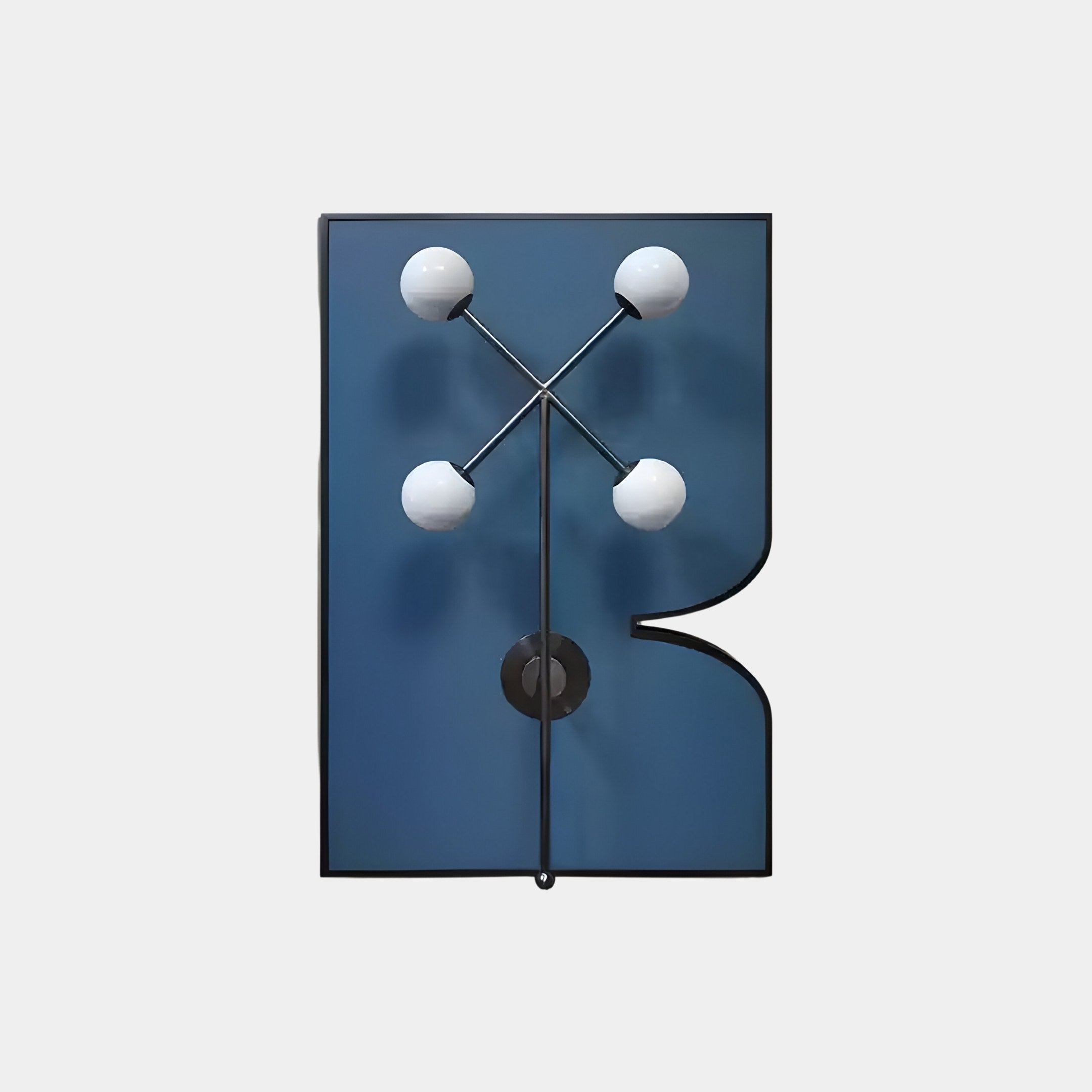 The Axial Elegance Blue Symmetrical Metal Wall Art by Giant Sculptures is a modern abstract piece resembling a stylized B. It features a blue background with a central black rod and three branching rods ending in white spherical bulbs, creating an asymmetrical geometric design perfect for contemporary décor.