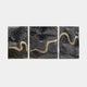 The Giant Sculptures Riverine Flow Charcoal Grey Textured Triptych Wall Art showcases swirling patterns and a golden line across all three panels, creating a cohesive river-like flow.