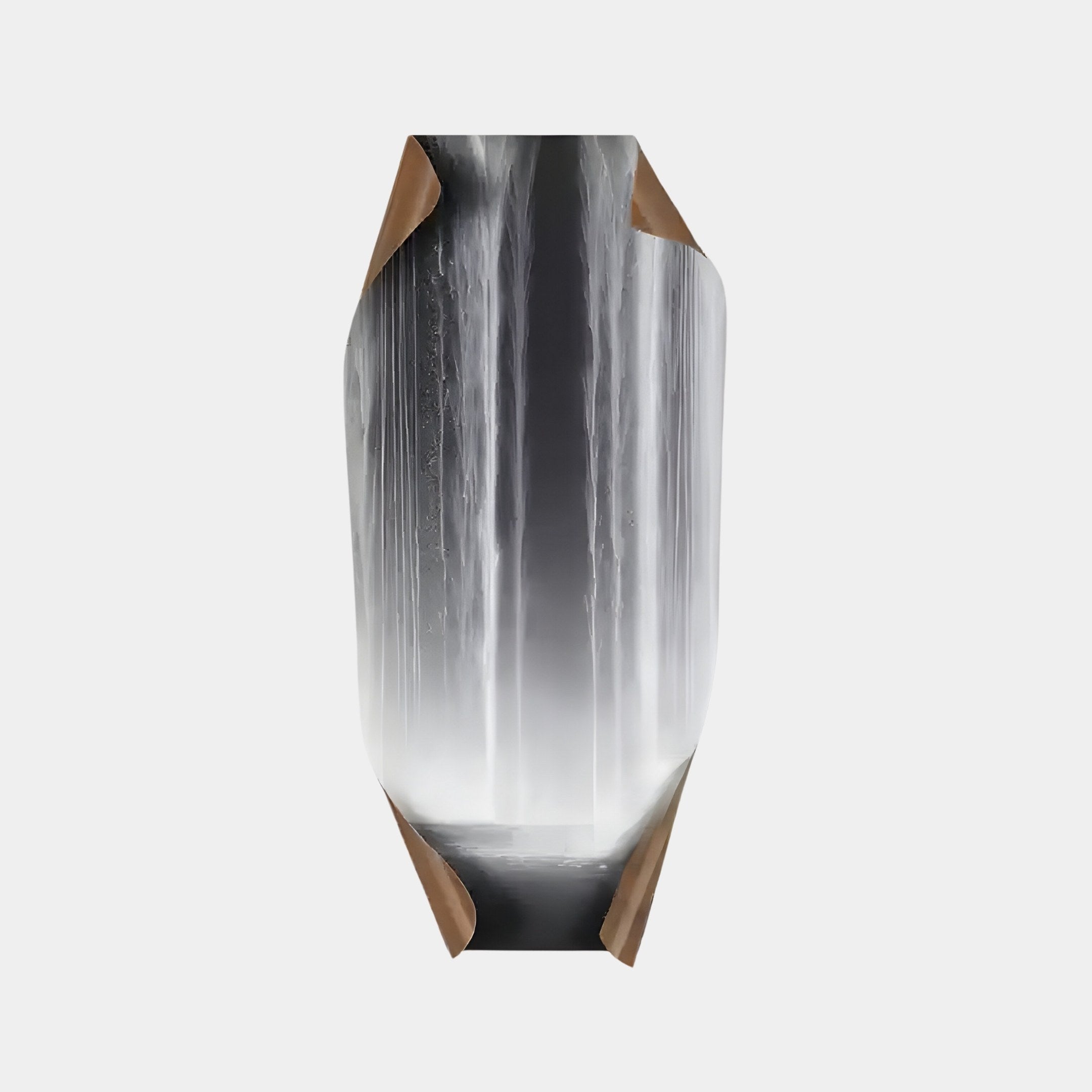 The Celestial Flow Waterfall Edge Folded Abstract Metal Wall Art by Giant Sculptures features a cascading waterfall design in gray and white, with torn brown edges. It exudes modern elegance, making it ideal for contemporary interiors.