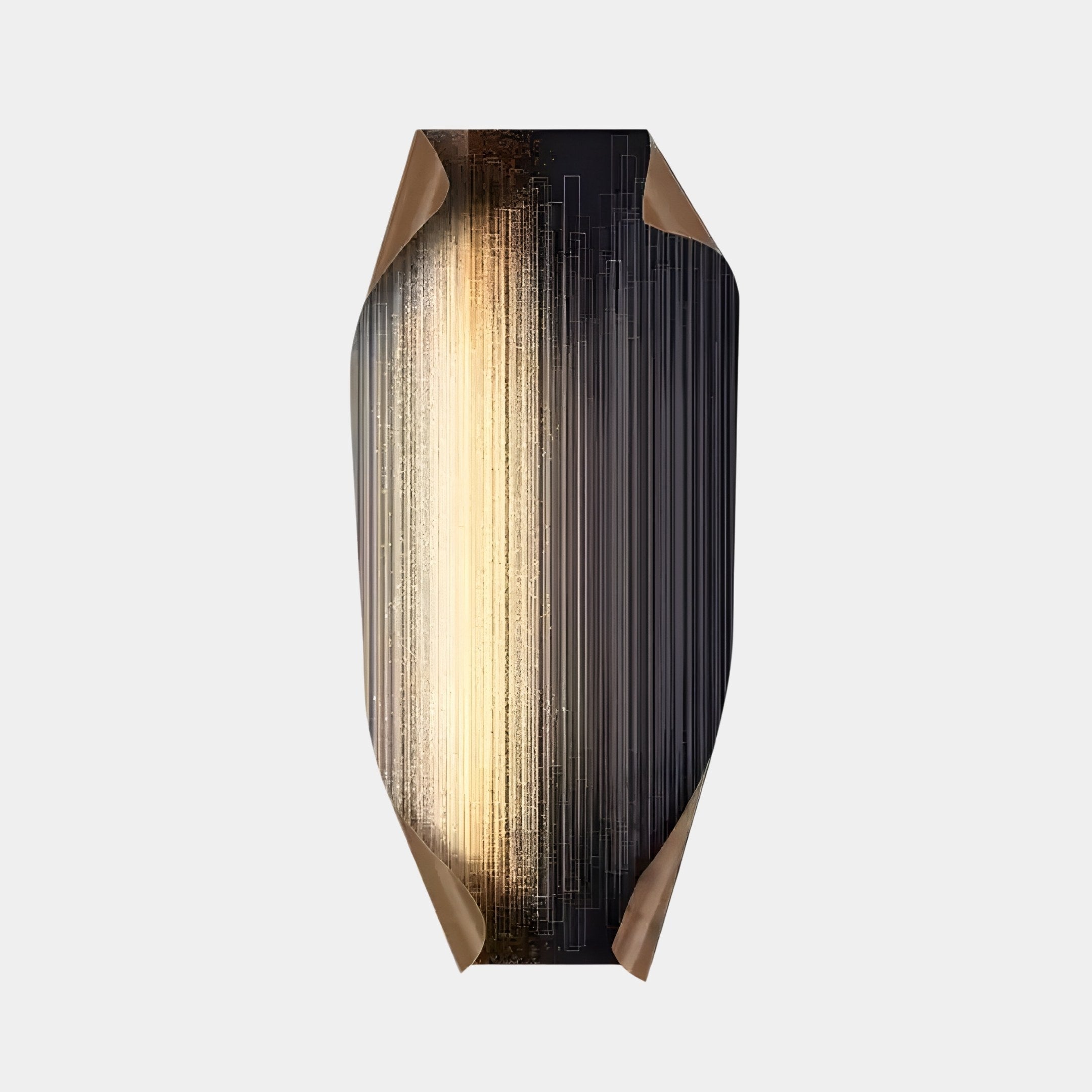 The Celestial Luminous Skyline Edge Folded Abstract Metal Wall Art by Giant Sculptures features a vertical design with a dark background and golden linear patterns, forming a skyline effect. The edges fold inward to enhance its modern artistry and three-dimensional appeal.