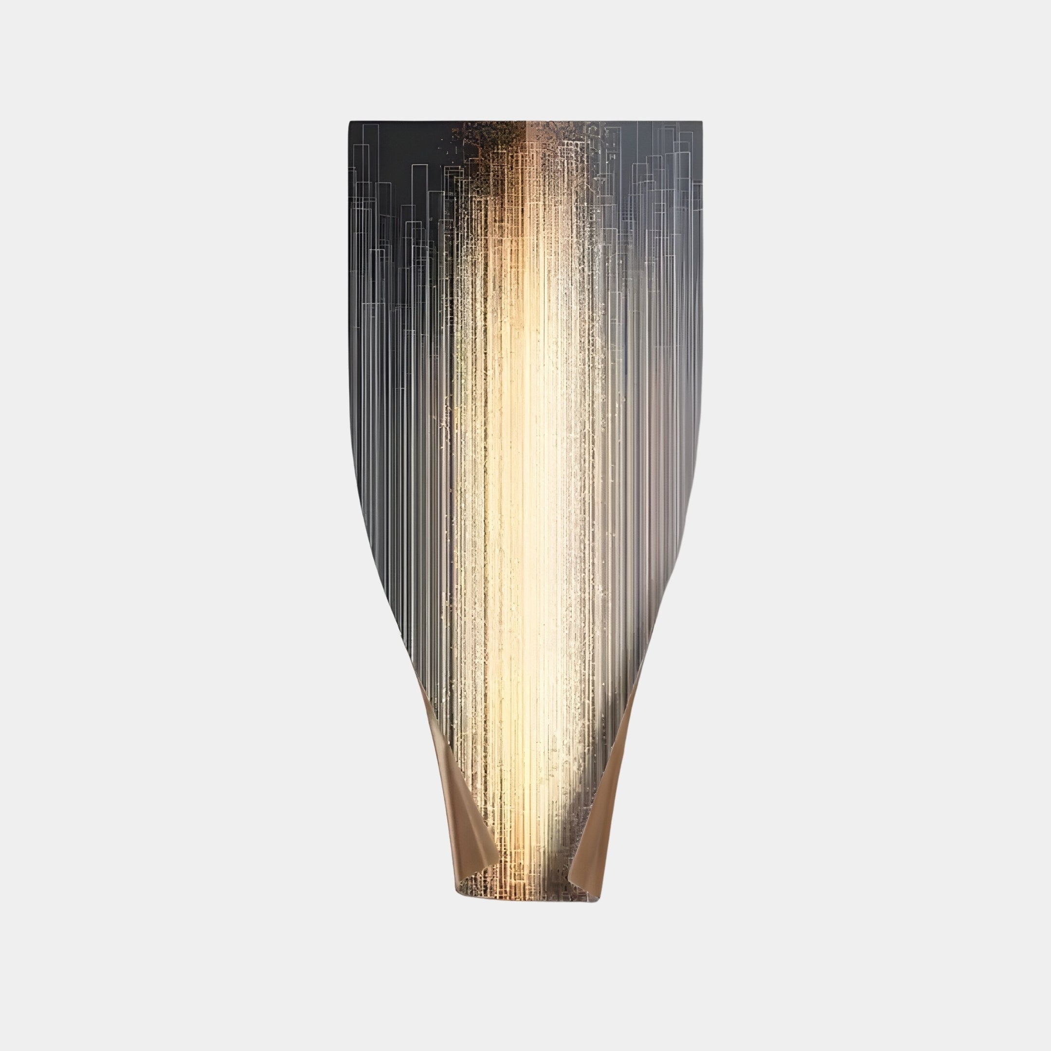 The Celestial Gold Radiance Vertical Abstract Metal Wall Art by Giant Sculptures showcases a sleek and modern design with a cascade of celestial gold against a dark backdrop, resembling a waterfall of light.