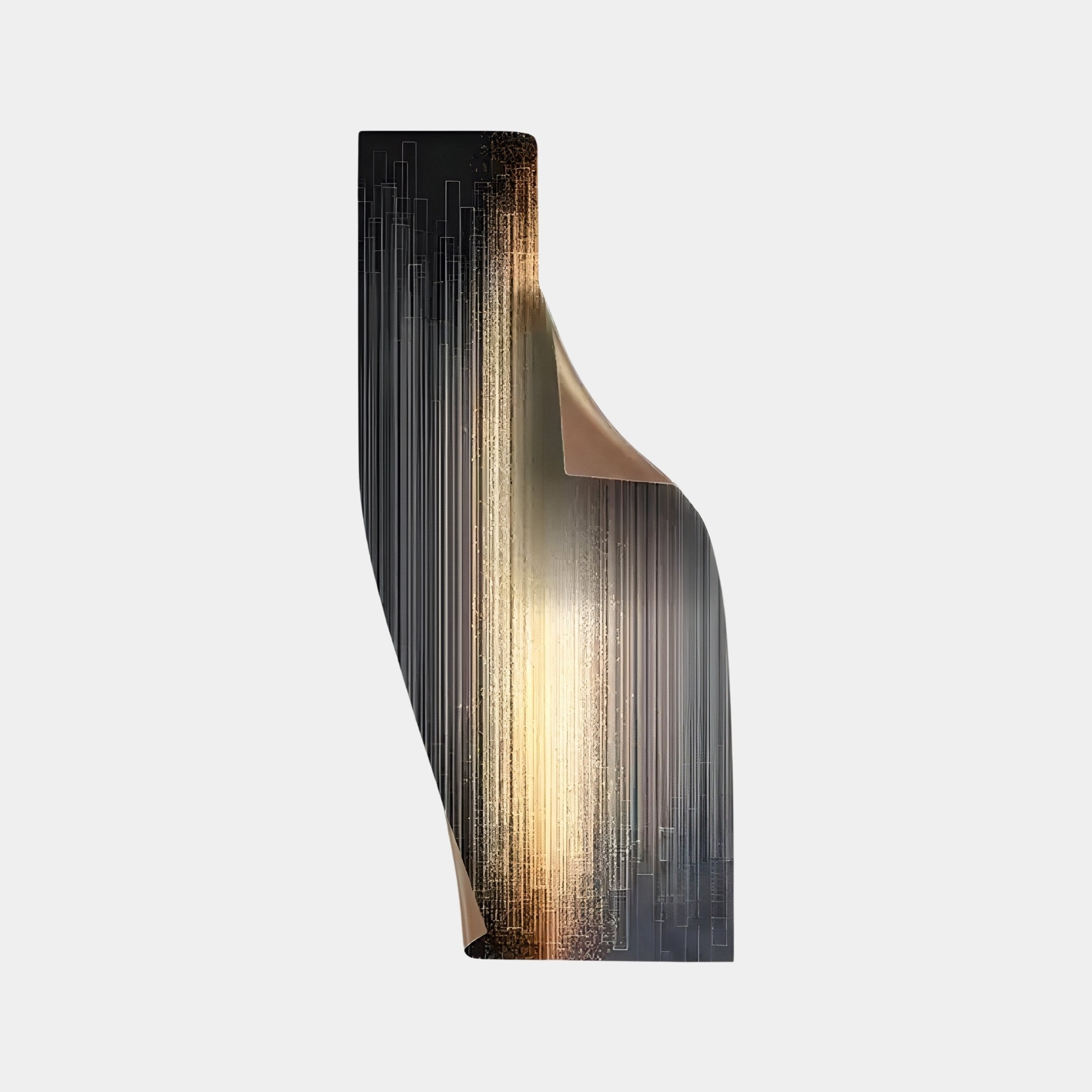 The Celestial Gold Radiance Curved Angled Abstract Metal Wall Art by Giant Sculptures features a futuristic design with sleek black and golden lines on a smooth surface, exuding modern luxury with its elegant shape and celestial gold glow against a plain white background.