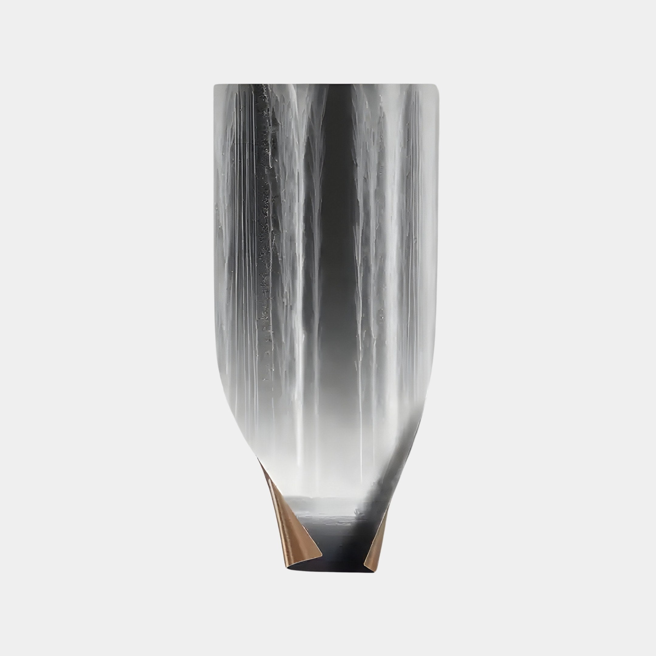 The Celestial Flow Waterfall Curved Vertical Abstract Metal Wall Art by Giant Sculptures features a tall, cylindrical design with a glossy finish and reflective surface. Its striking contemporary aesthetic features subtle brown tones and looks stunning against a plain white background.