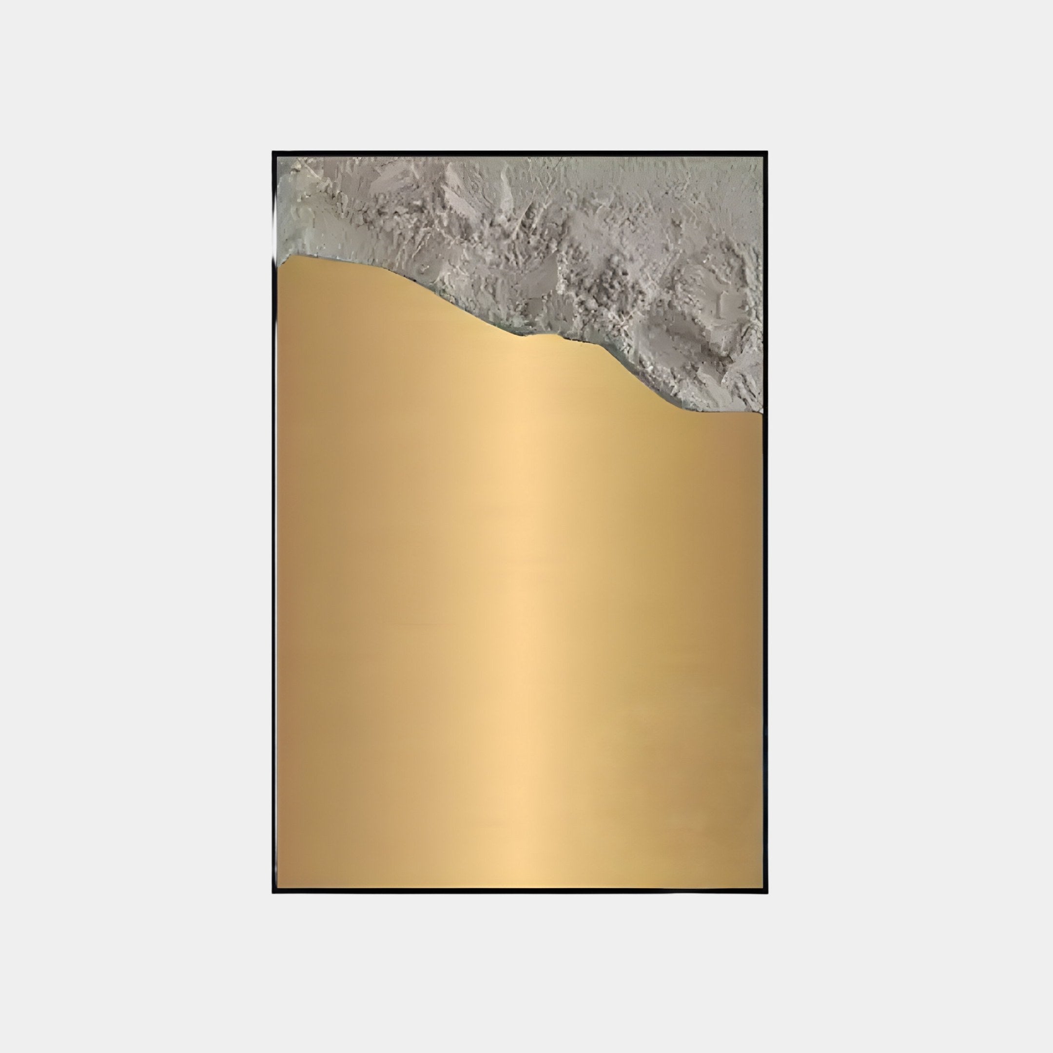 The Terranica Metallic Horizon Sandscape by Giant Sculptures is perfect for contemporary spaces, featuring a rectangular design with a textured gray top and smooth metallic gold below, meeting in a jagged edge for a modern look.