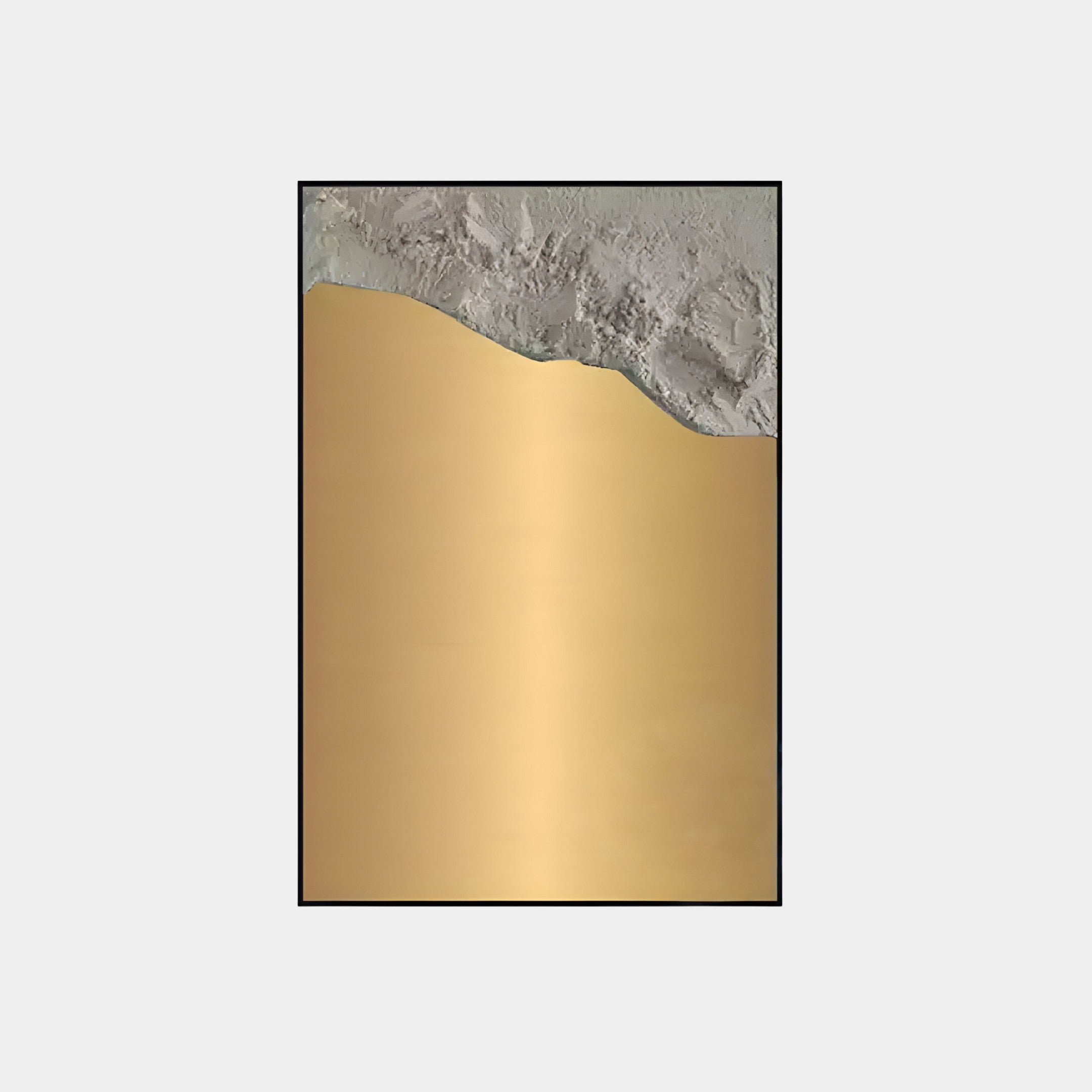 Titled Terranica Metallic Horizon Sandscape by Giant Sculptures, this textured metal wall art showcases a split design with a rocky gray top and smooth metallic gold bottom, highlighting modern aesthetics through the contrast between rough and smooth textures.