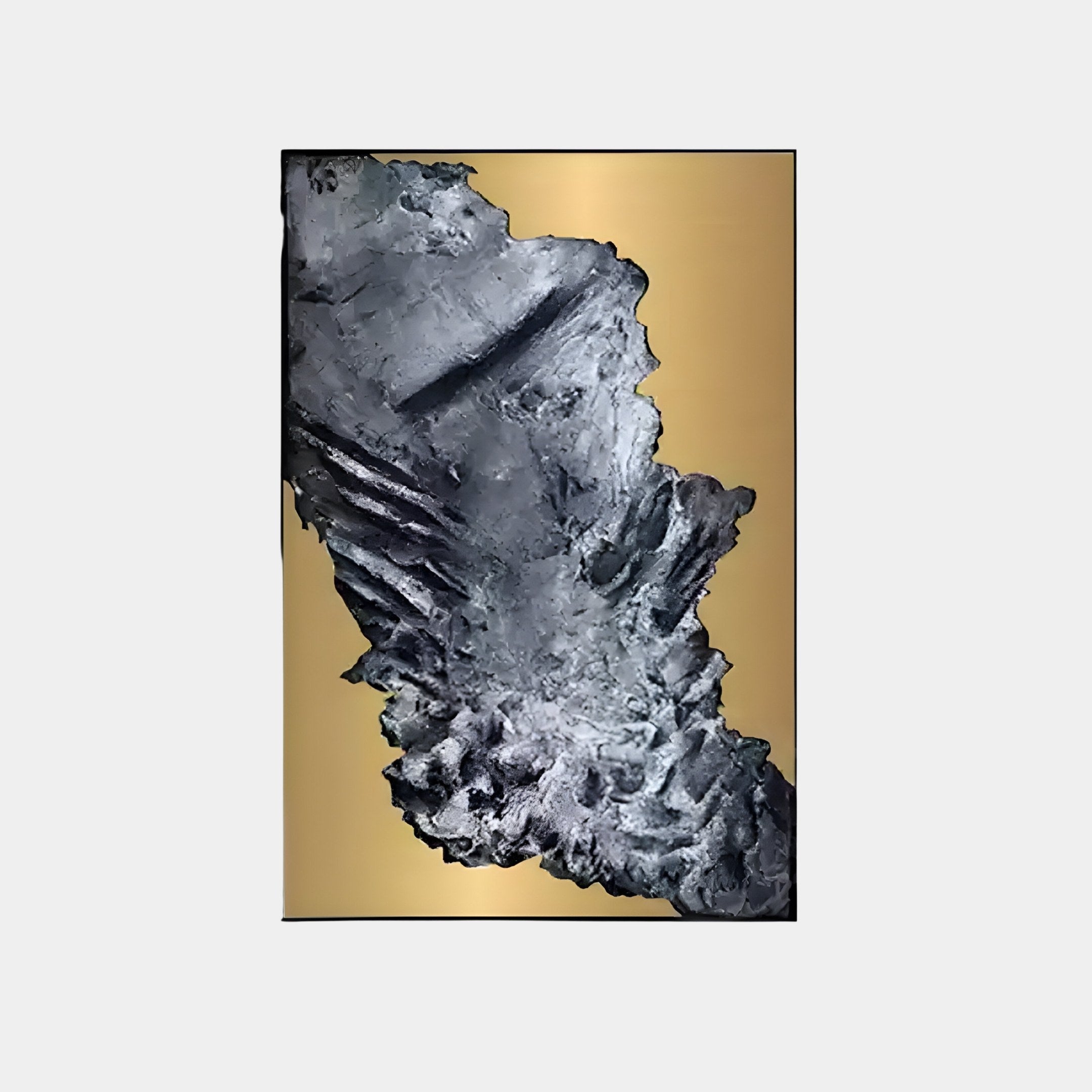 The Terranica Metallic Crust Textured Abstract Metal Wall Art by Giant Sculptures features gray-toned swirling patterns with a sleek metallic finish against a gold background, creating a striking contrast. Its contemporary design resembles a rugged rock-like formation.