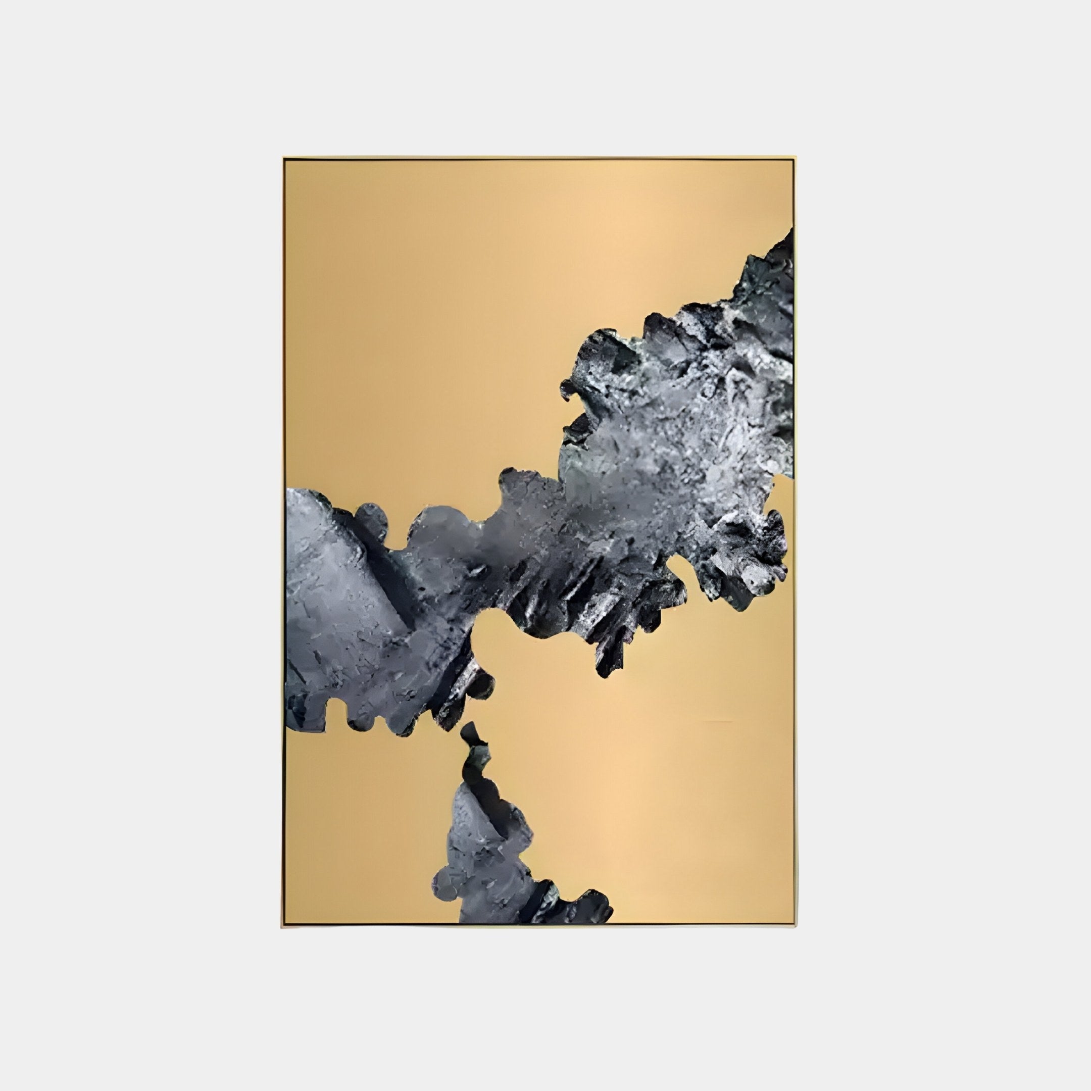 Terranica Metallic Stream by Giant Sculptures is a textured abstract metal wall art piece featuring modern elegance with a golden background and jagged metallic gray shapes, resembling rugged terrain or geological formations.