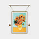 The Reverra Vibrant Sunflowers Hanging Frame Wall Art by Giant Sculptures features a vivid painting of sunflowers in a vase on a turquoise backdrop, elegantly suspended with two gold weights.