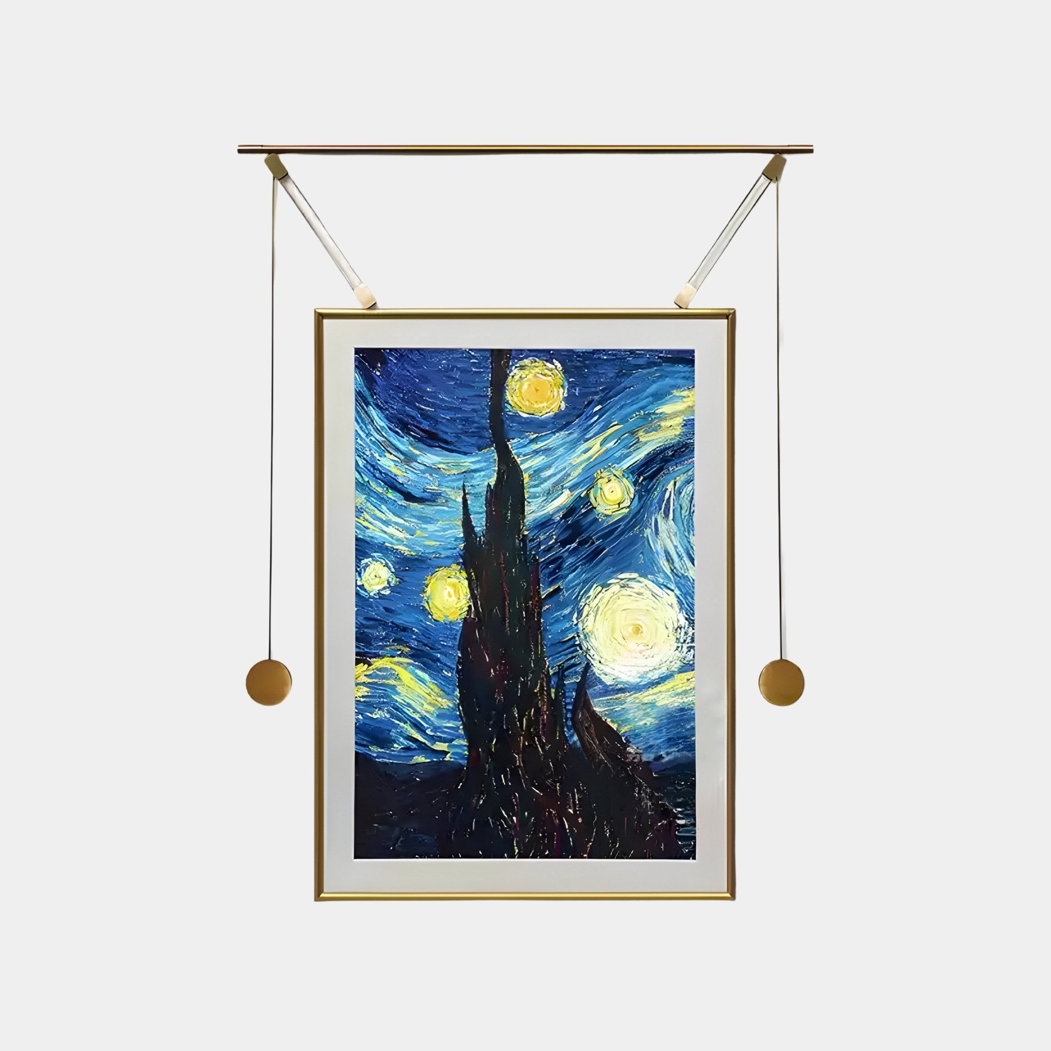 The Reverra Starry Night Classic Hanging Frame Wall Art by Giant Sculptures showcases Van Goghs Starry Night with a modern twist, featuring a digital display in a contemporary lighted frame, flanked by two symmetrical hanging lights against a plain background.