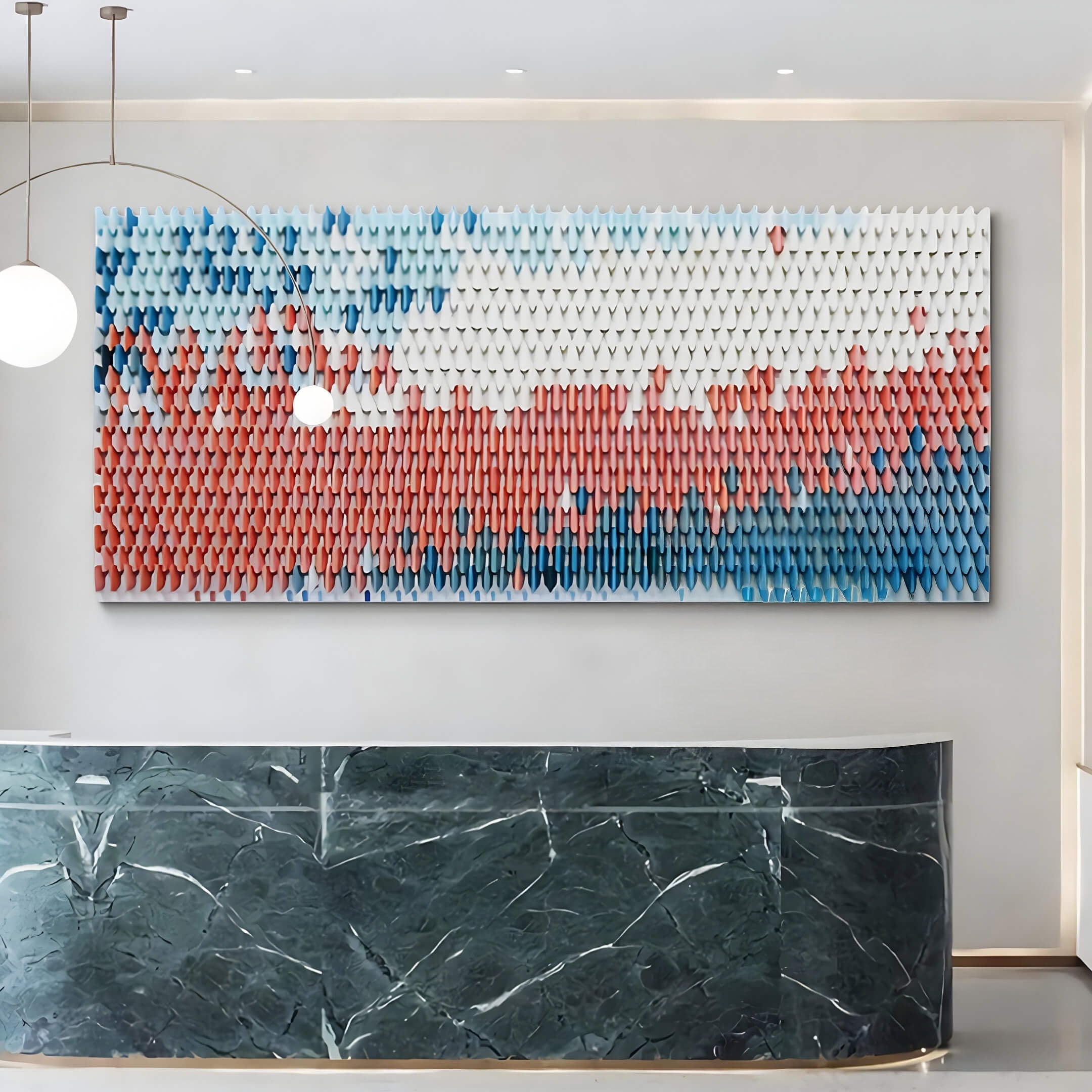 The Avaris Frameless 3D Ceramic Wall Art by Giant Sculptures, with its vibrant red, white, and blue vertical elements, is mounted above a dark green marble reception desk, infusing depth into the contemporary space.