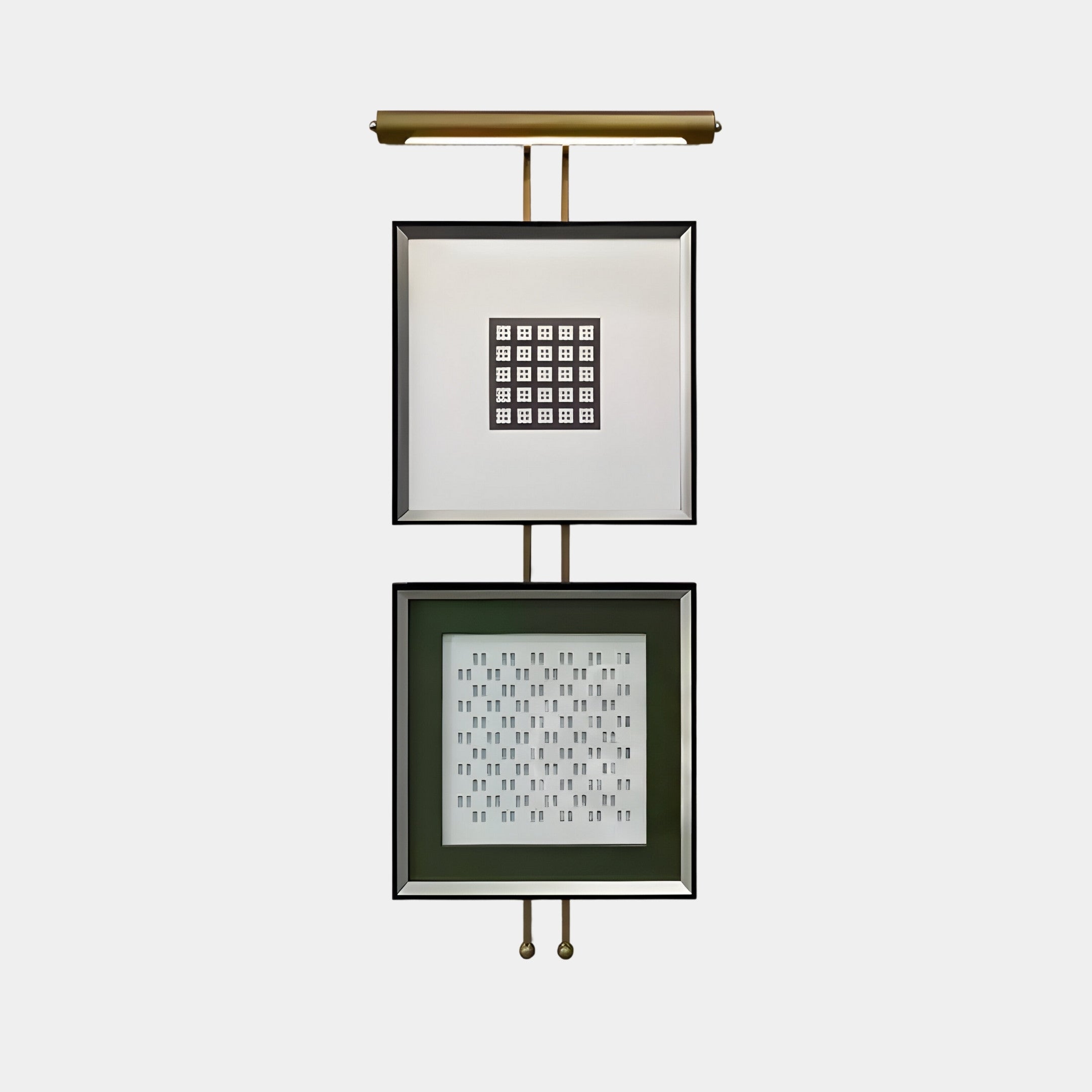 The Artisera Quadratic Harmony Modern Dual Frame Built-In Light Wall Art by Giant Sculptures features geometric abstract artworks with a grid-like top design and a rectangular bottom design, displayed vertically under a gold picture light, perfect for contemporary interiors.