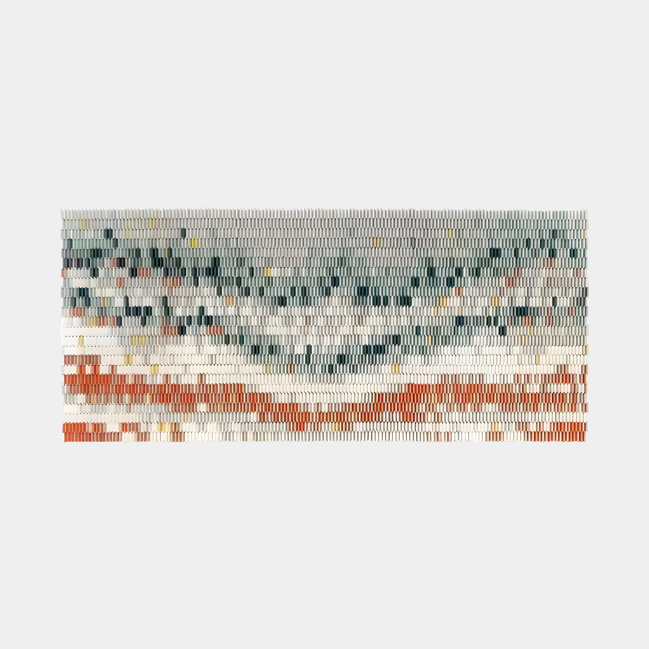 Wide abstract ceramic wall sculpture with horizontal patterns in earthy tones of green, orange, and cream. Contemporary textured artwork for modern interiors.