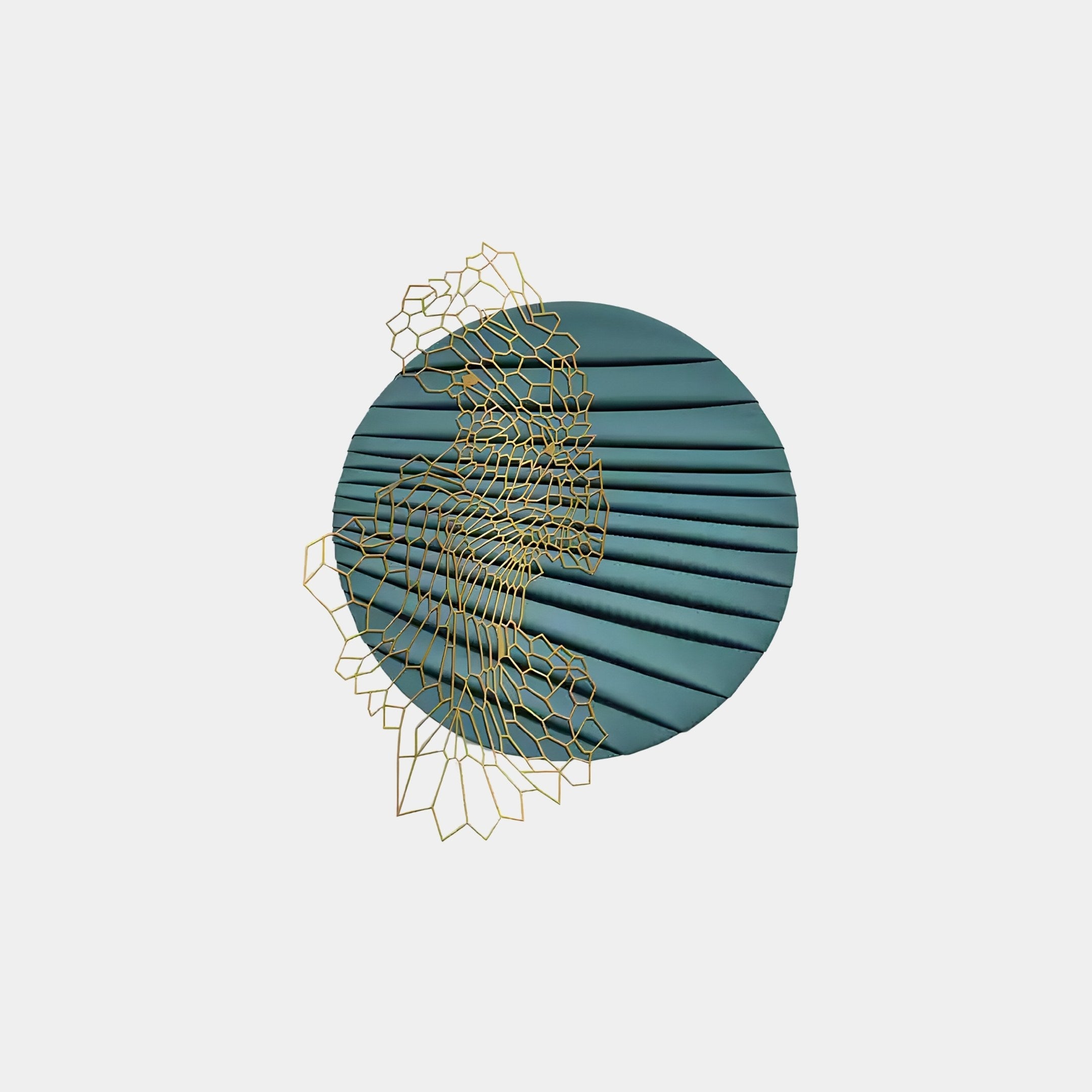 The Auramesh Teal Blue-II by Giant Sculptures is a striking circular piece featuring teal pleated fabric with an intricate gold wireframe design. The design extends beyond the circle against a white backdrop, creating unique metal-winged geometric wall art.