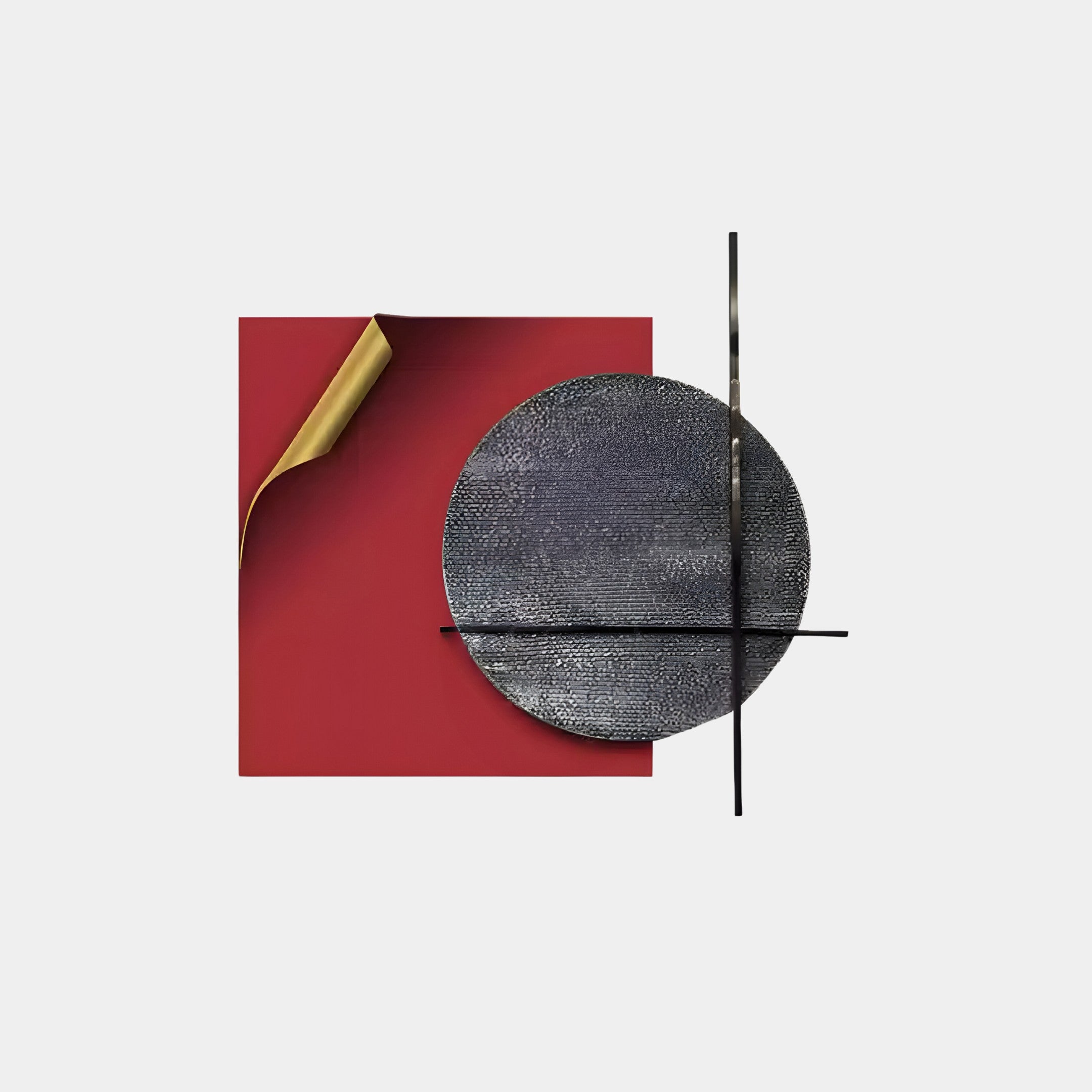 The Tesselle Red Metal Fold & Grey Textured Geometric Wall Art by Giant Sculptures showcases a modern abstract design with a red square, folded gold corner, dark textured circle at the center, and intersecting black lines—ideal for minimalist interiors.