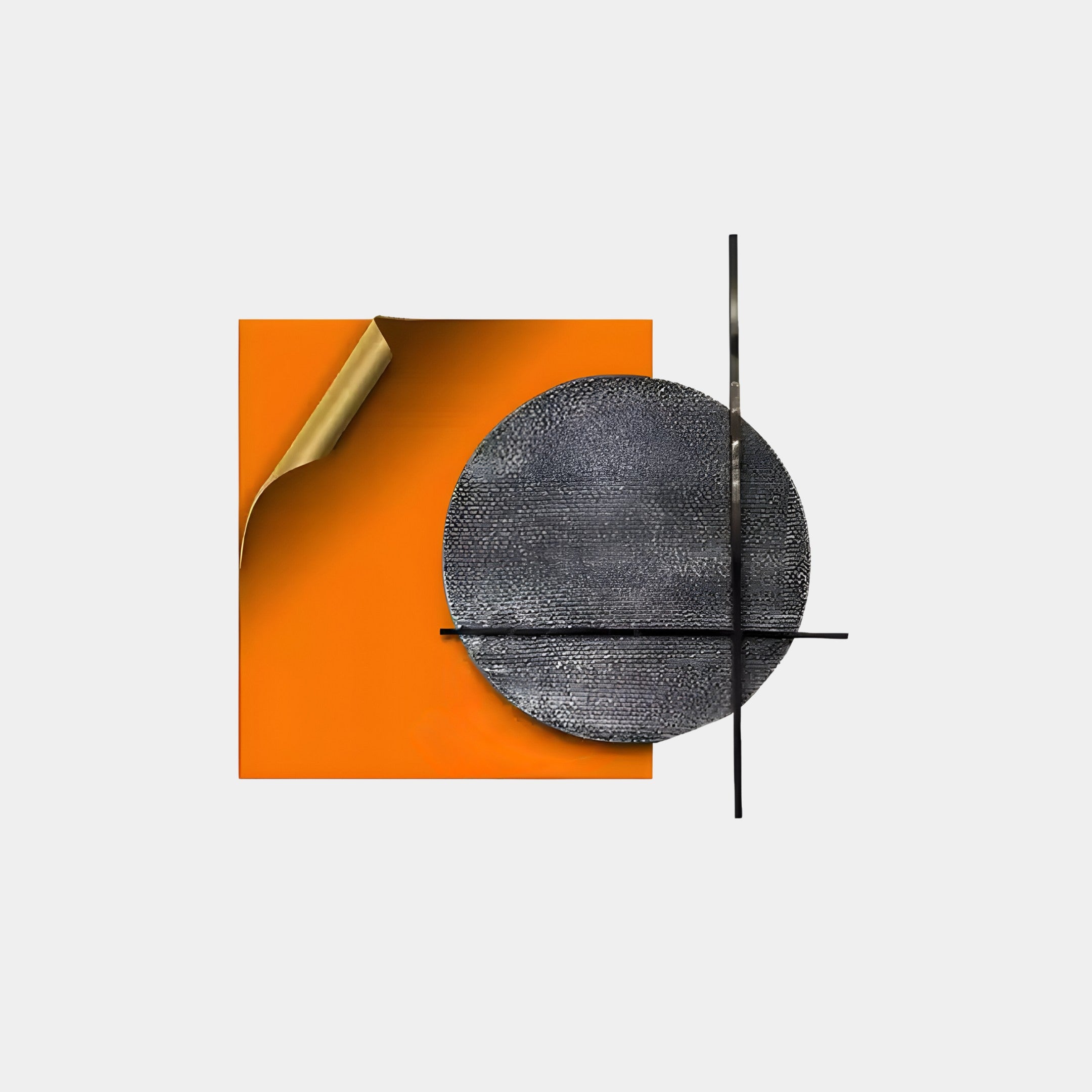 The Tesselle Orange Metal Fold & Grey Textured Geometric Wall Art by Giant Sculptures showcases a modern abstract design with an orange square, a curled gold sheet, a textured gray circle, and intersecting black lines on a white backdrop, adding contemporary elegance to any space.